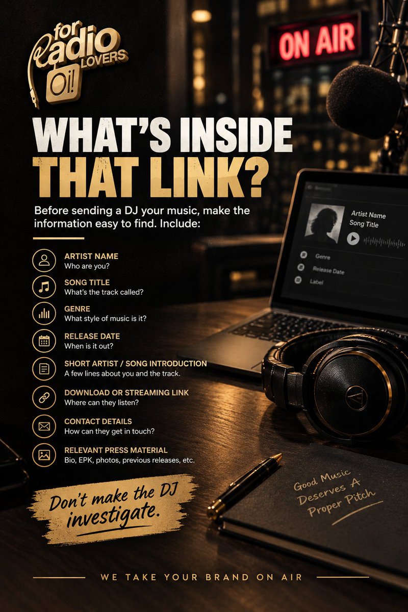 ForRadioLovers's tweet photo. Before sending your song to radio, make sure your submission clearly includes:
Artist
Song title
Genre
Release date
Short introduction
Download link
Contact details
Relevant press material
Don't make the DJ investigate.
Make the pitch easy to understand.
#MusicPR
#RadioLovers https://t.co/UvMCfdwzys