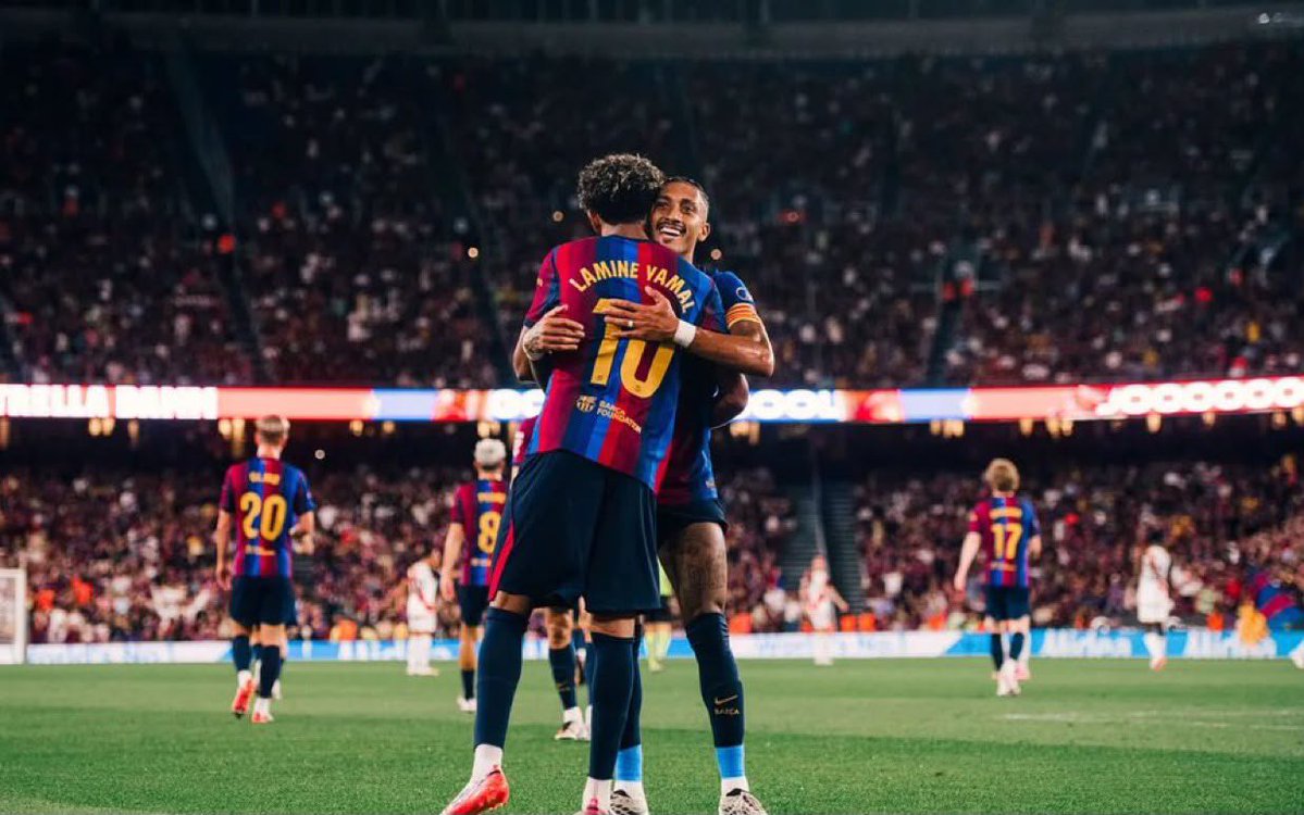 TGFootballNews's tweet photo. 🚨 CRAZY STAT: Barcelona have already produced 7 braces and 2 hat-tricks in their first 8 official matches this season.

- Raphinha: 3 braces + 2 hat-tricks
- Lamine Yamal: 3 braces
- Fermín: 1 brace

That is 20 goals from multi-goal performances alone, more than Barça managed https://t.co/2teANXOB8q