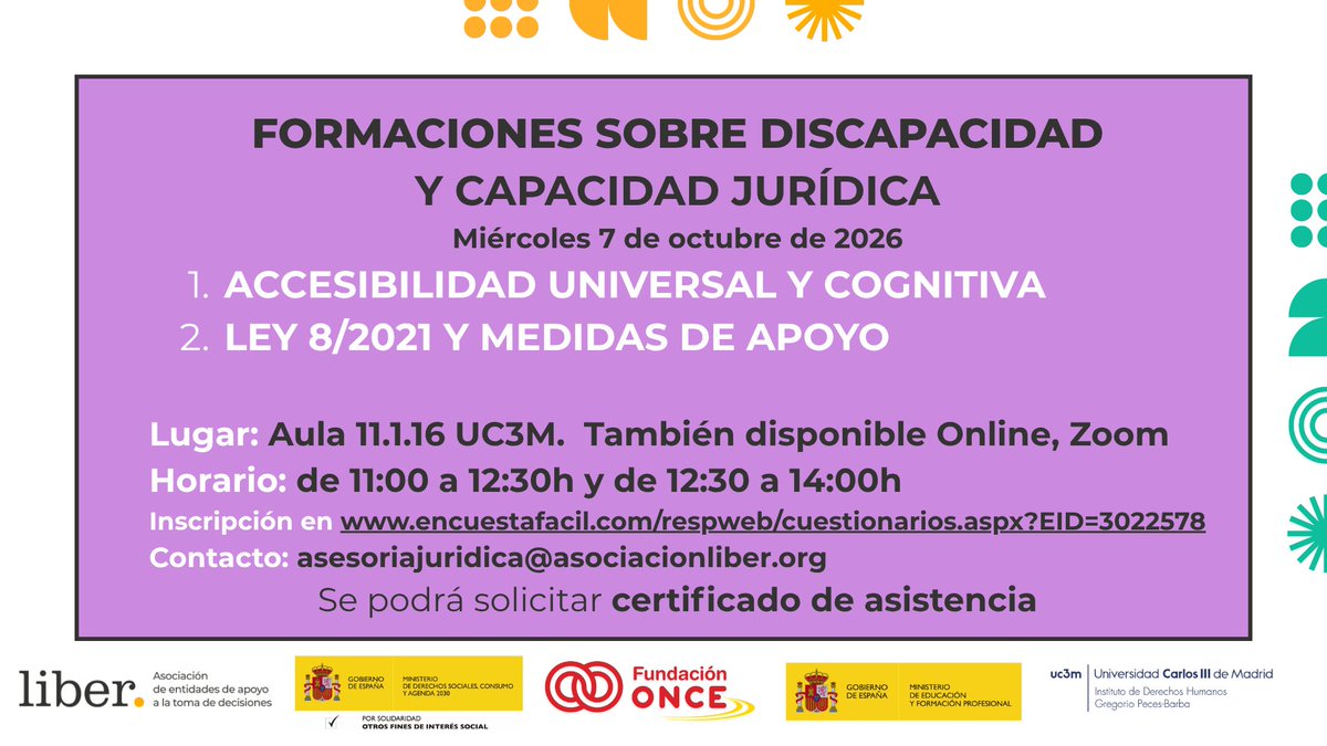 idhbc_uc3m's tweet photo. El 7 de octubre, junto con @AsociacionLiber , organizamos una formación sobre #discapacidad y #CapacidadJurídica.
Abordaremos:
🔹 Accesibilidad universal y cognitiva
🔹 Ley 8/2021 y medidas de apoyo
🕚 11:00–14:00 h
📍 UC3M + online (Zoom)
Inscripción 👇
https://t.co/OTjLUwLN9c https://t.co/lrWUZMmLzk