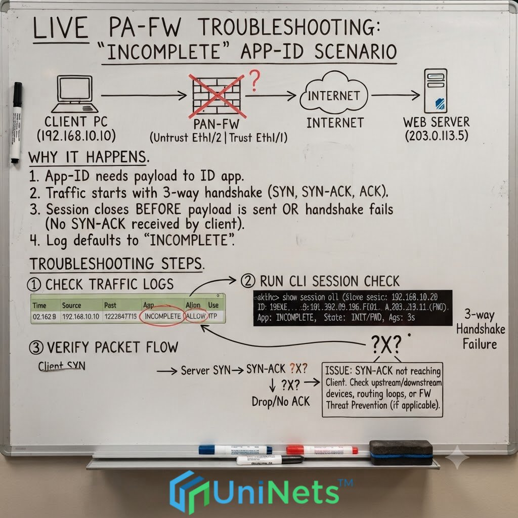 uninets53's tweet photo. Palo Alto firewall showing "INCOMPLETE" under App-ID? 🛑

Here's a quick breakdown: why it happens (handshake/payload failure), traffic log checks, and CLI troubleshooting for dropped SYN-ACKs! 🛠️📉

#PaloAlto #CyberSecurity #NetOps https://t.co/ERPmPfosnH