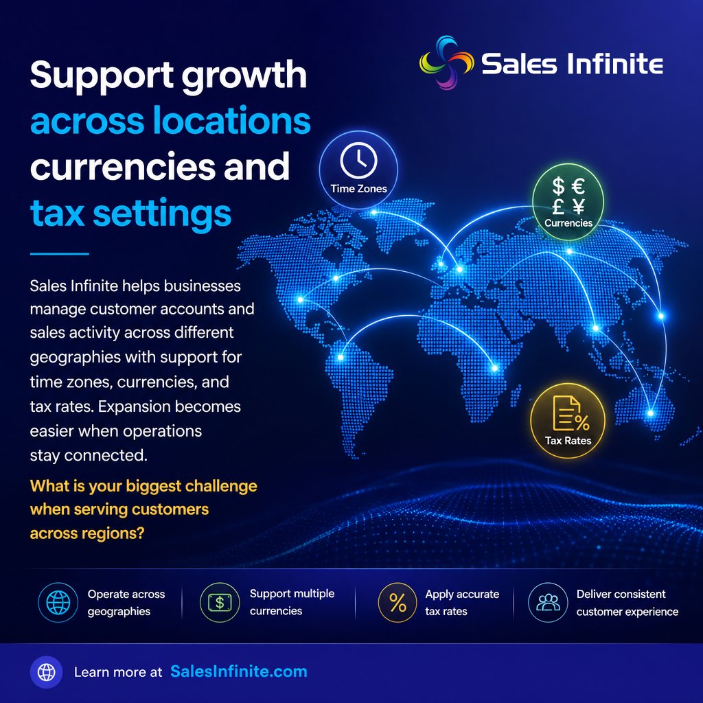SalesInfinite's tweet photo. Support growth across locations currencies and tax settings

Sales Infinite helps businesses manage customer accounts and sales activity across different geographies with support for time zones, currencies, and tax rates. Expansion becomes easier when operations stay connected. What is your biggest challenge when serving customers across regions? https://t.co/J9mOaJi6aR