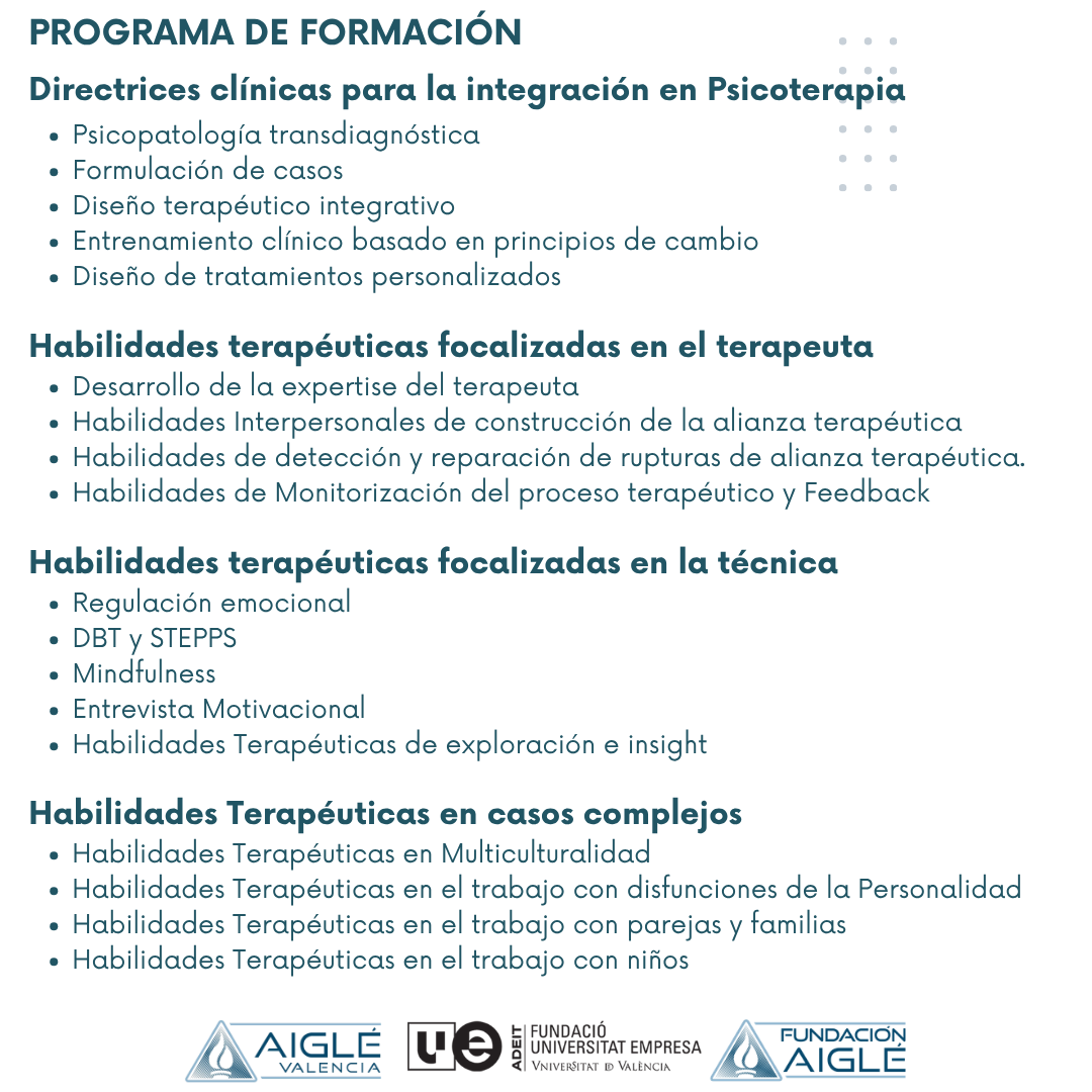 aiglevalencia's tweet photo. 5ta Ed. Experto #Universitario en #HabilidadesTerapéuticas desde un Modelo #Integrativo en Psicoterapia

📢PRE-INSCRIPCIÓN ABIERTA
✅ Título oficial @UV_EG 
✅ Online
✅ Entrenamiento centrado en la práctica clínica real

➡️ Habilidades terapéuticas transversales
➡️ Aprende a formular casos, personalizar tratamientos y monitorear
el proceso clínico
➡️ Desarróllate como terapeuta a través de la práctica deliberada, la
supervisión clínica y el aprendizaje experiencial

¿Qué hace única esta formación?
El Experto Universitario en Habilidades Terapéuticas desde un Modelo Integrativo surge para dar respuesta a una necesidad real: formar a psicólogos clínicos capaces de diseñar y aplicar tratamientos personalizados, sostenibles y basados en principios de cambio eficaces. Esta formación se distingue por los siguientes ejes diferenciales:

🔹 Aplicación directa a la práctica clínica real
Uno de los pilares del programa es su vinculación constante con la práctica profesional. Gran parte del equipo docente está compuesto por terapeutas en ejercicio activo, lo que garantiza que los contenidos estén profundamente conectados con situaciones clínicas reales, ejemplificadas con casos concretos.

🔹 Formulación de casos y personalización de tratamientos
El enfoque de trabajo se basa en la formulación individualizada de casos, lo que permite comprender en profundidad las necesidades únicas de cada paciente y diseñar intervenciones ajustadas a su contexto, historia y recursos.

🔹 Cuidado de la persona del terapeuta
El terapeuta no solo aplica técnicas, es parte activa del proceso terapéutico. Esta formación incluye espacios específicos para el desarrollo del estilo personal del terapeuta, su posicionamiento clínico y su cuidado profesional. Contamos con supervisión clínica con expertos que acompañan este proceso.

🔹 Modelo integrativo en todos los niveles
El programa promueve la integración entre marcos teóricos y niveles de intervención, entre investigación y práctica clínica, entre procesos terapéuticos y resultados. Este enfoque integrador permite abordar casos complejos desde una mirada amplia, flexible y coherente.

🔹 Metodología basada en la práctica deliberada

Comenta o envíanos un MD para más información
#Psicoterapia #psicologiaclinica #terapiaintegrativa

Más información: https://t.co/Zit04scEoU