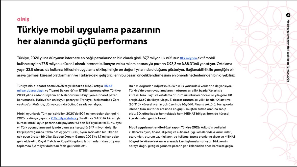 sera_grr's tweet photo. . @adjustcom ’ın dün yayınlanan Türkiye 2026 Mobil Uygulama Trendleri raporunda bizi de ilgilendiren  birkaç veri özellikle dikkatimi çekti, 

🇹🇷Türkiye’de 2025’te Türk oyun geliştiricilerinin dünya çapındaki geliri $2,76 milyara ulaştı. 2020’de bu rakam $504 milyondu. Türkiye’nin küresel mobil oyun pazarındaki payı %1’den %5’e çıktı. Daha da önemlisi, 2026’nın ilk yarısında Türkiye’de oyun uygulamalarındaki oturumlar yıllık %6 arttı. Ortalama oyun oturumu ise 33,69 dakikaya yükseldi. Strateji oyunlarında ise kurulumların %6’sına karşılık oturumların %11’i gerçekleşiyor. 

Bir oyunun başarısını yalnızca kaç kişinin indirdiği belirlemiyor. Kaç kişinin geri döndüğü, ne kadar süre oynadığı, hangi noktada kaybettiğimiz, hangi mekaniklerin oyuncuyu tuttuğu ve bütün bunların gelirle nasıl ilişkilendiği belirliyor. Oyun tarafını bu yüzden yalnızca “oyun yapmak” olarak görmüyorum. Bizim için bu; ürün geliştirme, kullanıcı davranışı analizi, ekonomi tasarımı, retention, monetization, live ops, yapay zekâ, global UA ve sürekli deney yapma disiplini.

@EndlessClashRPG ’yi geliştirirken de aynı nedenle her kararı mümkün olduğunca veriyle doğrulamaya çalışıyoruz.

Bir ülkeye giriyoruz, ölçüyoruz.
Bir feature çıkarıyoruz, ölçüyoruz.
FTUE’yi değiştiriyoruz, ölçüyoruz.
Monetization akışını değiştiriyoruz, ölçüyoruz.
Sonra tekrar test ediyoruz.

Çünkü bizim için “iyi oyun” subjektif bir fikir değil oyuncunun davranışında karşılığını bulması gereken bir ürün hipotezi.
Türkiye’nin artık yalnızca oyun tüketen değil, dünyaya oyun ihraç eden bir ekosistem haline gelmesi de bu yüzden önemli. Biz de @BrnMetaverse  olarak kendimizi bu ekosistemin yalnızca içinde değil, onu ileri taşıyan ekiplerden biri olarak konumlandırmak istiyoruz.

Veri >ürün >deney >öğrenme > ölçek.

Oyun geliştirme tarafında bizim çalışma modelimiz tam olarak bu.  Ve bu yolculukta hedefimiz yalnızca oyunlar geliştirmek değil Türkiye’den global ölçekte değer üreten sürdürülebilir bir ekosistemi inşa etmek.

⭐️ $BRN  
#Gaming #MobileGaming #GameDev #BRNMetaverse #BRN