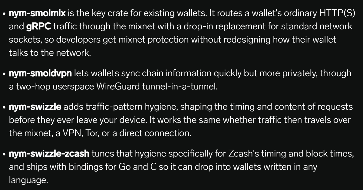 Zcash's tweet photo. Every transaction defended by @Nym mixnet 

Live now in @ZingoLabs and Zkool wallets https://t.co/mhLaovsFyB