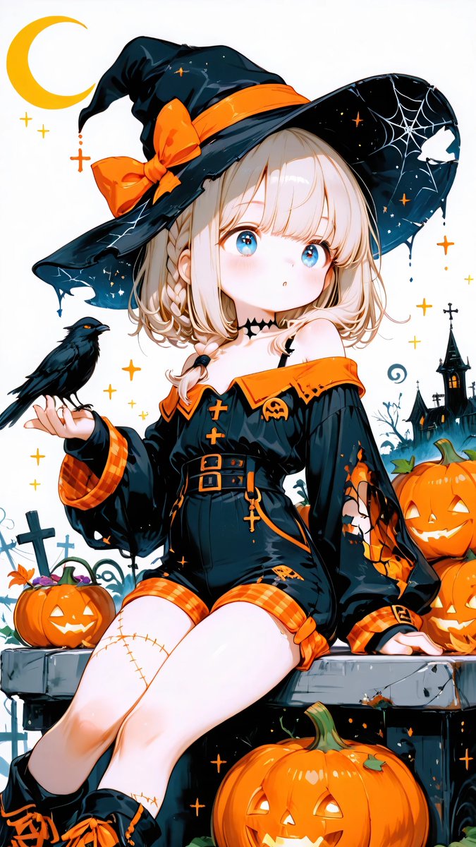 AliceLavli's tweet photo. ハロウィン風魔女コーデの衣装プロンプトをどうぞ🎃
faithfully recreating only the outfit from the reference image, outfit focus, Halloween witch fashion, exact black and vivid pumpkin-orange color scheme, oversized pointed witch hat in matte black with a very wide brim, underside of the brim in bright orange with a bold black spiderweb pattern, orange hatband, decorative black bow, small jack-o’-lantern ornament attached on the hat, off-shoulder fitted romper style costume, narrow shoulder straps clearly visible above the off-shoulder neckline, sweetheart bustline, orange ruffled trim running across the top edge, black bodice with a center front orange inset panel and black crisscross lace-up detailing, fitted waist, wide black belt at the waist with a square metallic buckle, short fitted bottoms integrated into the romper, curved orange piping tracing the front seams and leg openings, black shorts hem finished with orange edging, long sheer puff sleeves in translucent black, voluminous from upper arm to wrist, subtle bat silhouette print scattered on the sleeves, cuff straps with small buckle details, smooth slightly glossy fabric overall, Halloween themed thigh-high sheer black stockings with orange jack-o’-lantern motifs and small orange decorative accents, black choker with a small dangling star ornament, empty hands, no handheld items, exact off-shoulder silhouette, exact witch hat shape, exact lace-up bodice structure, exact belt placement, exact romper shape, exact black and orange balance, cute spooky elegant Halloween style
