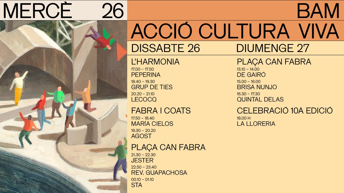 quesoni's tweet photo. 🟠 BAM - ACCIÓ CULTURA VIVA 🟠

Demà arrenca la 10a edició d'aquest festival musical impulsat per l’Ajuntament de Barcelona en el marc de les festes de la Mercè, i que s’organitza de manera col·lectiva, assembleària i oberta. https://t.co/a2zAduOSoZ