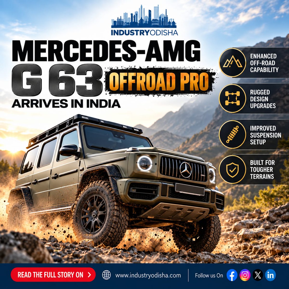 industryodishaa's tweet photo. 🚙 Mercedes-AMG G63 OFFROAD PRO has arrived in India, bringing enhanced off-road capability, rugged styling, and improved suspension for adventure enthusiasts. Explore the latest upgrades redefining luxury off-roading.
https://t.co/ywa8vSYvLA
#MercedesAMG #G63OffroadPro #LuxurySUV #AutomotiveNews #IndustryOdisha
