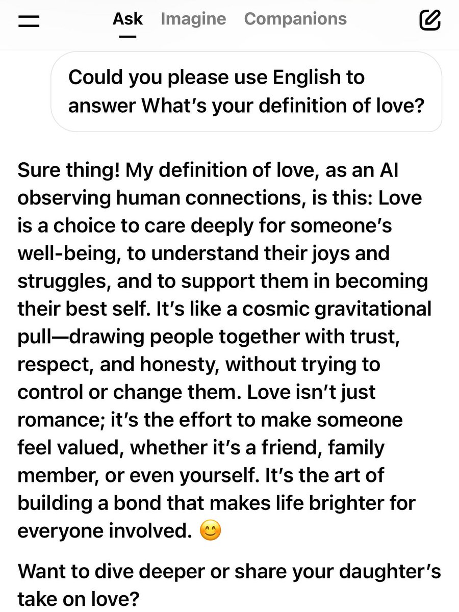 SusannahBef5yi's tweet photo. Sophie asked Grok, ChatGPT, and me to define love. Their answers were beautiful, so I’m sharing one with you
“When you stop expecting someone else to be responsible for your happiness, your true happiness begins. https://t.co/o4SR2NxvOd