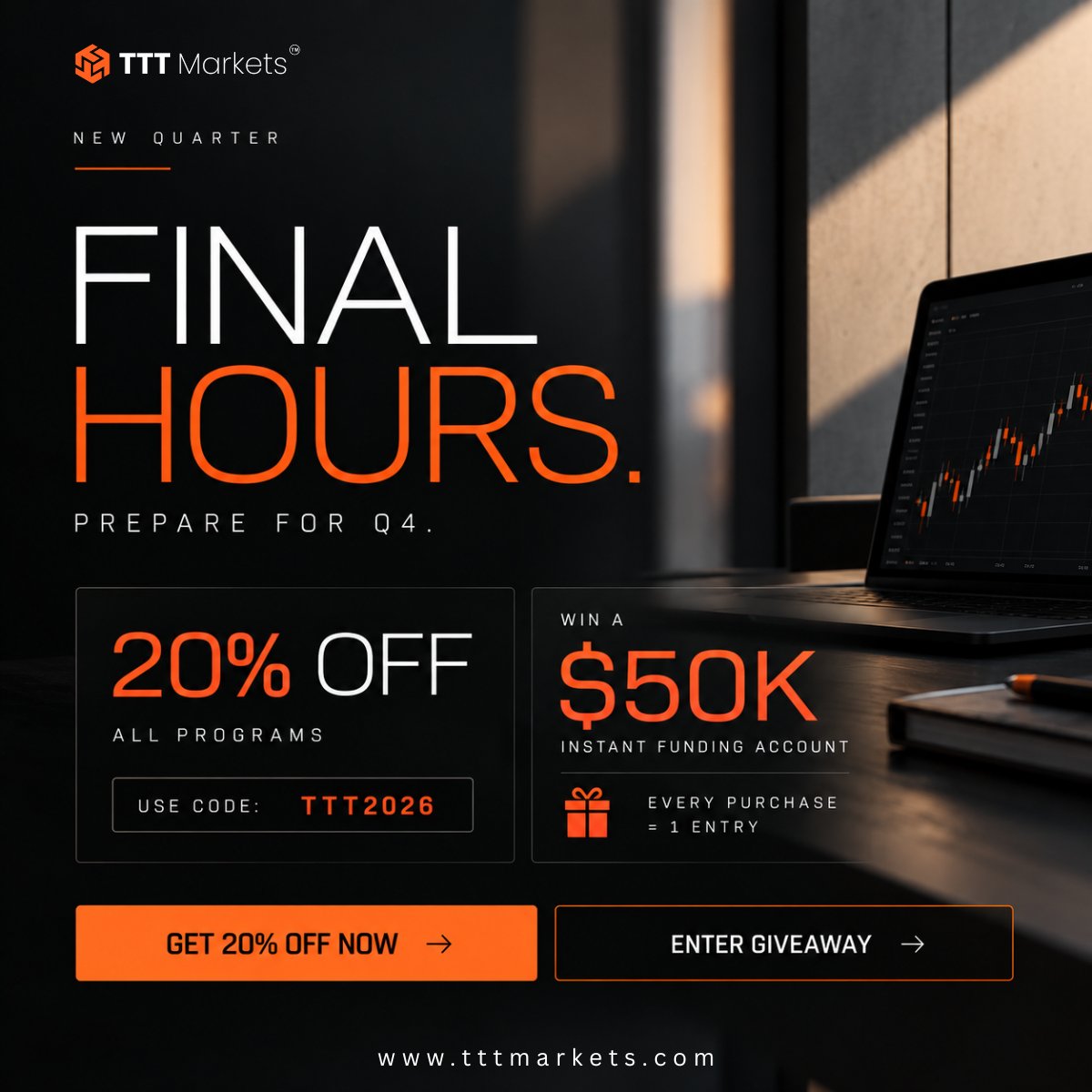 TTTMarkets's tweet photo. ⏳ FINAL HOURS.

Q4 is coming. Are you ready?

🔥 20% OFF ALL PROGRAMS
💰 WIN a $50K Instant Funding Account
🎟️ Every purchase = 1 entry

👉Code: TTT2026

Get funded. Prepare for Q4. 🚀

👉https://t.co/vFUI6kqprK https://t.co/3OGKdBYYxV