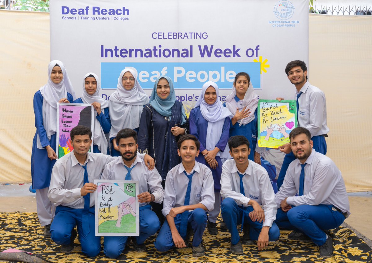 DeafPakistan's tweet photo. Our students took center stage to mark International Day of Sign Languages, bringing energy, creativity, and connection to our Karachi Campus. 

Visitors from other companies and team members from our Head Office engaged with the students, who designed and led interactive activity stalls and welcomed everyone into their classrooms for collaborative games—a powerful demonstration of Pakistan Sign Language (PSL) in building truly inclusive spaces.

The celebration closed with reflections on the global significance of sign language rights, followed by a ceremonial cake cutting.

When we give Deaf youth the platform to lead, they show us what true inclusion looks like. Every child deserves the chance to learn, grow, and express themselves in a language of their own. 💙

🌐 Explore PSL learning tools: https://t.co/fmljq2f6aN | https://t.co/van2GbFRCF