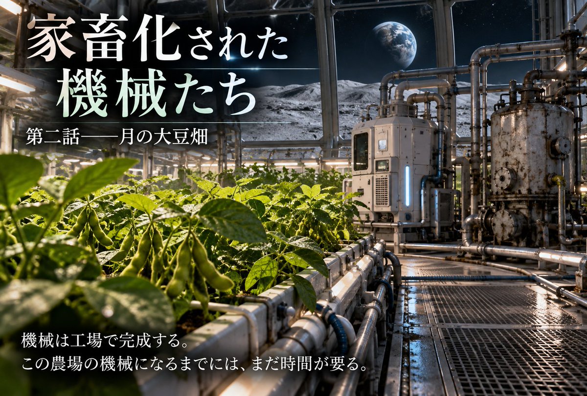 takaikiga's tweet photo. 家畜化された機械たち 第二話――月の大豆畑 - 濃尾https://t.co/5Ct73fn04i 
#SF ＃月 ＃農業 https://t.co/MQdIUSz0ss