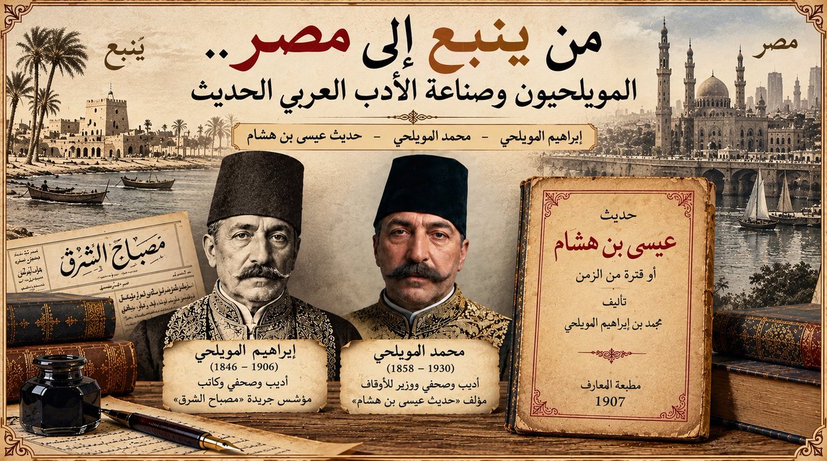 ynbatarekh's tweet photo. من ينبع إلى مصر.. المويلحيون وصناعة الأدب العربي الحديث

من الأسر الينبعاويه التي تركت أثرًا لافتًا في الحياة الأدبية والصحفية في مصر أسرة المويلحي، التي برز منها أديبان من أعلام عصر النهضة العربية: الأب إبراهيم المويلحي، والابن محمد المويلحي.

إبراهيم بن عبد الخالق المويلحي (1846–1906م) كان أديبًا وصحفيًا وصاحب قلم نقدي قوي، وأسهم مبكرًا في الصحافة المصرية. ومن أشهر أعماله كتاب «ما هنالك»، الذي دوّن فيه مشاهداته وانتقاداته لأحوال الدولة العثمانية أثناء إقامته في الآستانة، ثم جمع مقالاته في كتاب سنة 1896م.

وفي سنة 1898م أصدر جريدته الأسبوعية الشهيرة «مصباح الشرق»، التي عُرفت باهتمامها بالأدب والفكر والنقد، وشاركه في تحريرها ابنه محمد. وقد وصفها معاصروها بأنها من الصحف التي كان الأدباء ينتظرون صدورها، حتى كان طلاب الأزهر يقفون أمام المطبعة انتظارًا لأعدادها.

أما ابنه محمد بن إبراهيم المويلحي (1858–1930م)، فقد أصبح بدوره أديبًا وناقدًا وصحفيًا، وتأثر بوالده وبعدد من أعلام عصر النهضة، ومنهم جمال الدين الأفغاني ومحمد عبده. وشارك والده في «مصباح الشرق»، ومنها خرج العمل الذي خلد اسمه في تاريخ الأدب العربي: «حديث عيسى بن هشام أو فترة من الزمن».

حديث عيسى بن هشام.. بين المقامة والرواية

استعار محمد المويلحي شخصية عيسى بن هشام، راوي مقامات بديع الزمان الهمذاني، ووضعها في عالم جديد؛ فمزج بين أسلوب المقامة العربية وبين السرد والحوار والنقد الاجتماعي الحديث.

ومن خلال رحلة عيسى بن هشام والباشا العائد من زمن مضى، أخذ المويلحي قارئه في جولة داخل المجتمع المصري، متناولًا الشرطة والنيابة والمحامين والمحاكم والأوقاف وأبناء الكبراء والطب والأطباء وغيرها، كاشفًا بأسلوب ساخر التحولات الاجتماعية والإدارية والأخلاقية التي شهدها عصره.

والكتاب في حقيقته أكثر من حكاية؛ فهو صورة أدبية لمصر وهي تنتقل بين عالم قديم وعالم حديث، ولهذا يُنظر إليه بوصفه حلقة مهمة بين فن المقامة الموروث وبدايات السرد العربي الحديث.

وقد ظهرت مادته أولًا في «مصباح الشرق»، ثم جُمعت في كتاب. وتوثق المصادر صدور الكتاب سنة 1907م، كما توجد طبعة تاريخية محفوظة صدرت سنة 1911م بعنوان «حديث عيسى بن هشام أو فترة من الزمن».

وهكذا جمع إبراهيم ومحمد المويلحي بين الصحافة والأدب والنقد؛ أسس الأب منبرًا أدبيًا مؤثرًا، وواصل الابن المسيرة بكتاب أصبح من الأعمال البارزة في تاريخ تطور النثر العربي الحديث.

أسرة خرجت من ينبع ، واستقر فرع منها في مصر، فكان لها حضور تجاوز الصحافة إلى تاريخ الأدب العربي نفسه.