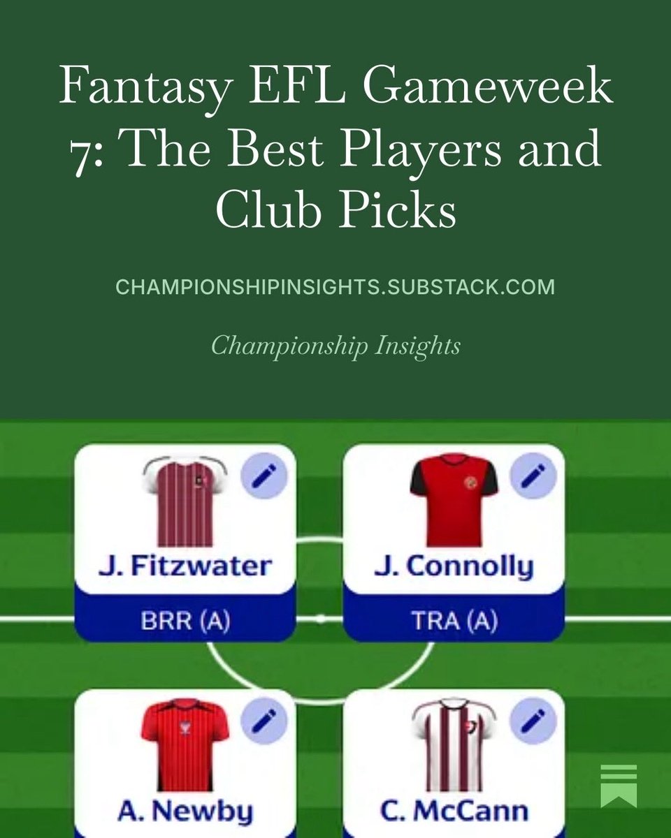 InsightsChamp's tweet photo. 🚨 Fantasy EFL Gameweek 7

No Championship fixtures and several postponements make this one of the trickiest rounds yet.

My latest article includes:

✅ The best seven-player team
©️ Captain and vice-captain
🏟️ Two club picks

Read it here 👇
https://t.co/G6eRzQzTNt #efl https://t.co/QbZtyz6cG8