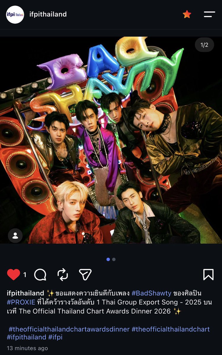 chom_promise's tweet photo. ✨ขอแสดงความยินดีกับเพลง Bad Shawty ของศิลปิน #PROXIEth ที่ได้คว้ารางวัลอันดับ 1 Thai Group Export Song - 2025 บนเวที The Official Thailand Chart Awards Dinner 2026 ✨

 #theofficialthailandchartawardsdinner 

————
แห่งปี 2025 🏆👏🏻 https://t.co/a8YGqn0vIx