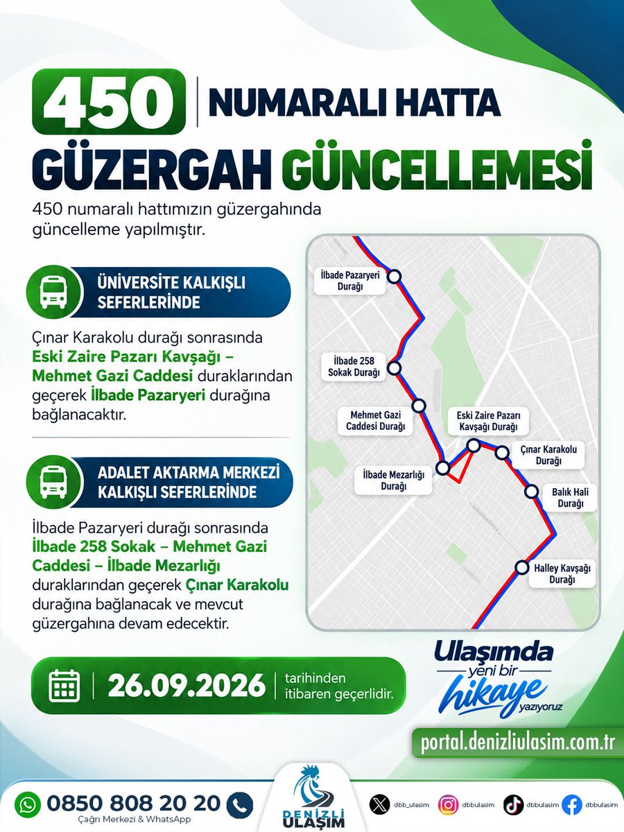 dbb_ulasim's tweet photo. Sayın vatandaşlarımız, 450 numaralı hattımızda güzergah güncellemesi yapılmıştır. Güncel güzergah ve hat bilgilerine portalımız ve mobil uygulamamız üzerinden ulaşabilirsiniz.
#denizli https://t.co/9FhEjJ6NSY