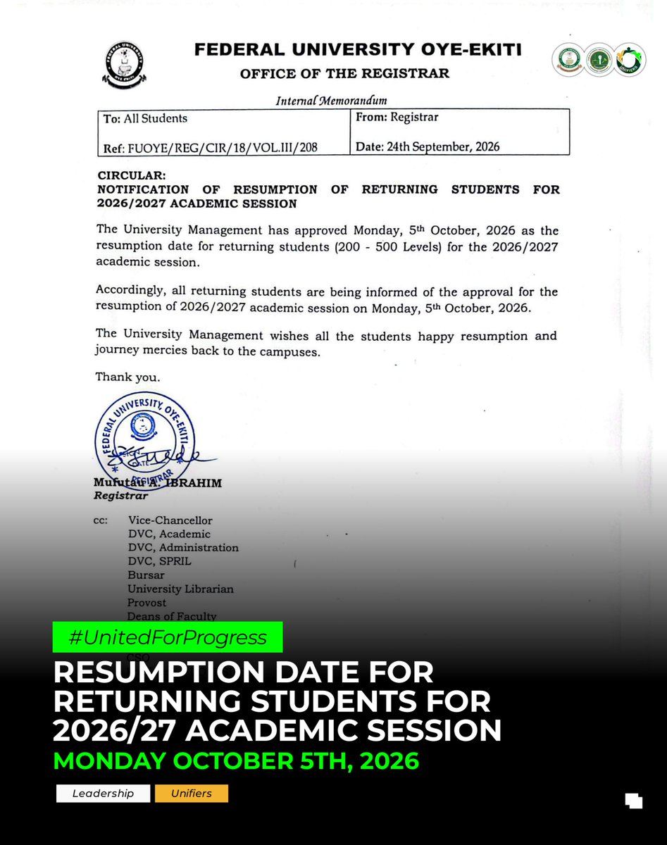 FUOYE_SUG's tweet photo. 📍JUST IN: RESUMPTION DATE FOR RETURNING STUDENTS 2026/27 ACADEMIC SESSION

*📢follow and join the Official FUOYESUG Channel.👇*
https://t.co/EoJEUTegpF

OLAOLUWA
FUOYESUG P.R.O
07087402775 https://t.co/XVd98NCt9x