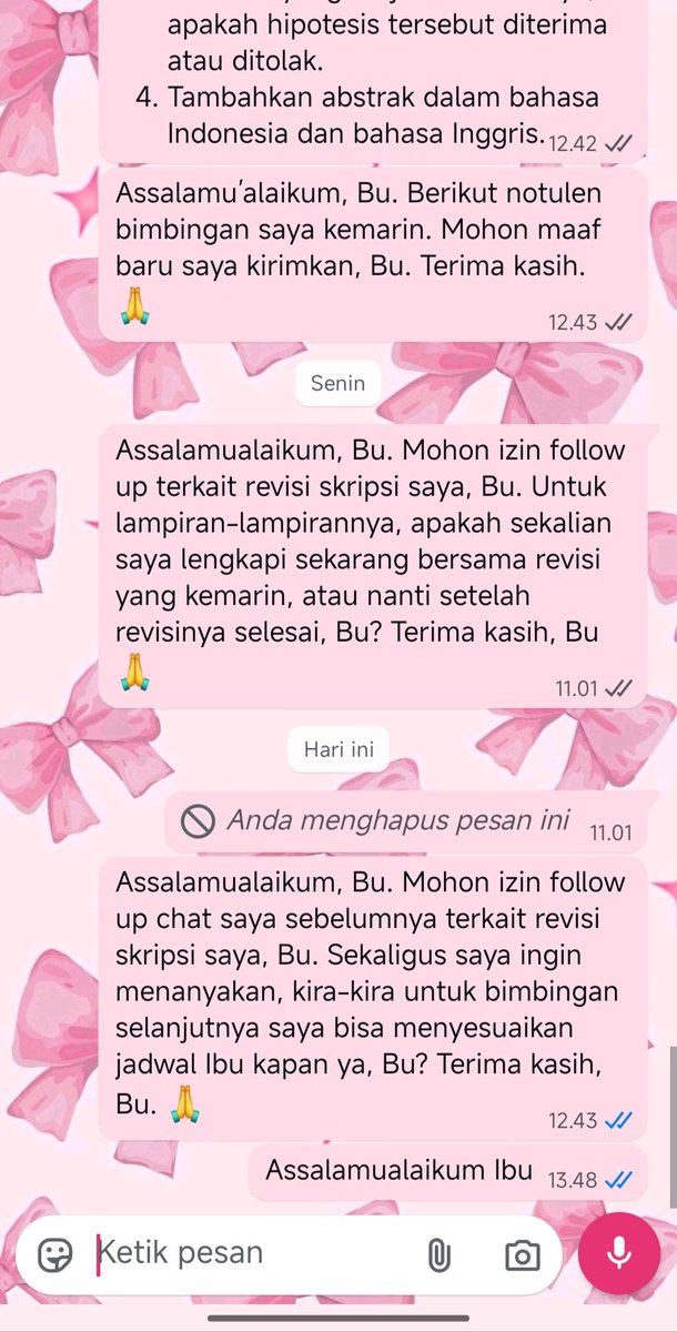 collegemfs's tweet photo. Gais, ini emg kesalahan aku fatal bgt ya? Aku emg lupa kmrn kirim notulen abis bimbingan tp aku udh minta maaf dan langsung kirim notulennya.. Tp kayaknya beliau marah bgt ya sama aku? 2 Tmn aku chat di hari dan jam yg sama dibales aku cm di read doang.. Help ini ak hrs gmn [cm] https://t.co/2N6tczIFnQ
