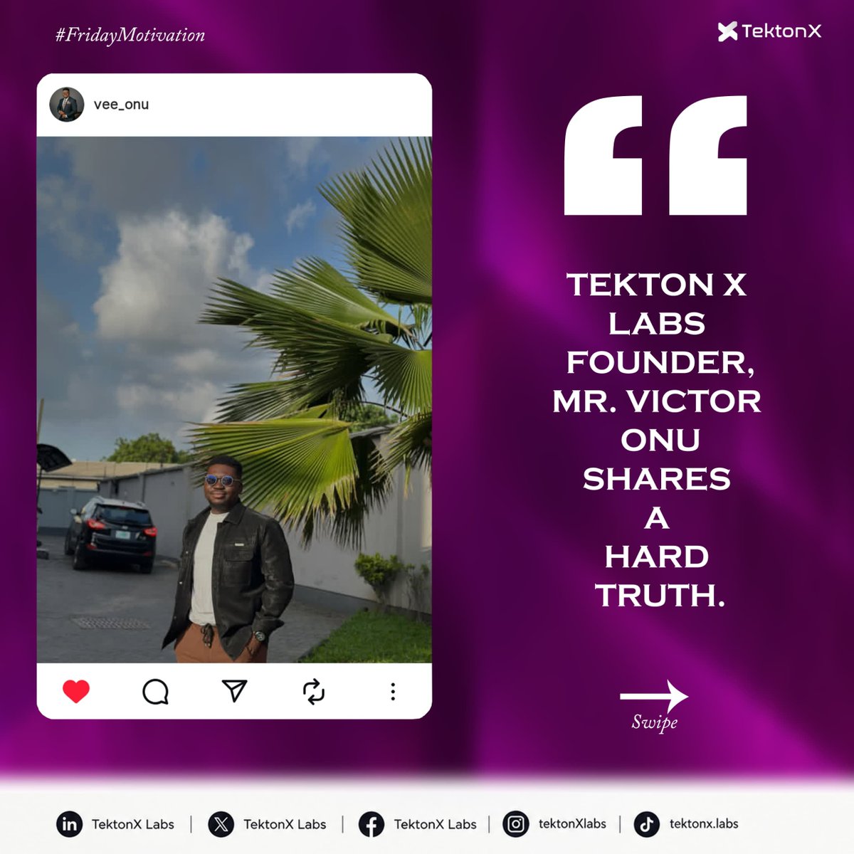 TektonXLab's tweet photo. TEKTONX | FRIDAY MOTIVATION

FOUNDER OF TEKTONX LABS, MR. VICTOR ONU SHARES A HARD TRUTH

Hard truth I shared at the TektonX Labs event:

Being good at ONE thing is no longer enough.
The world used to reward specialists.
Now it rewards specialists who can ADAPT.
©Mr. Victor Onu https://t.co/19QWfAO0wX