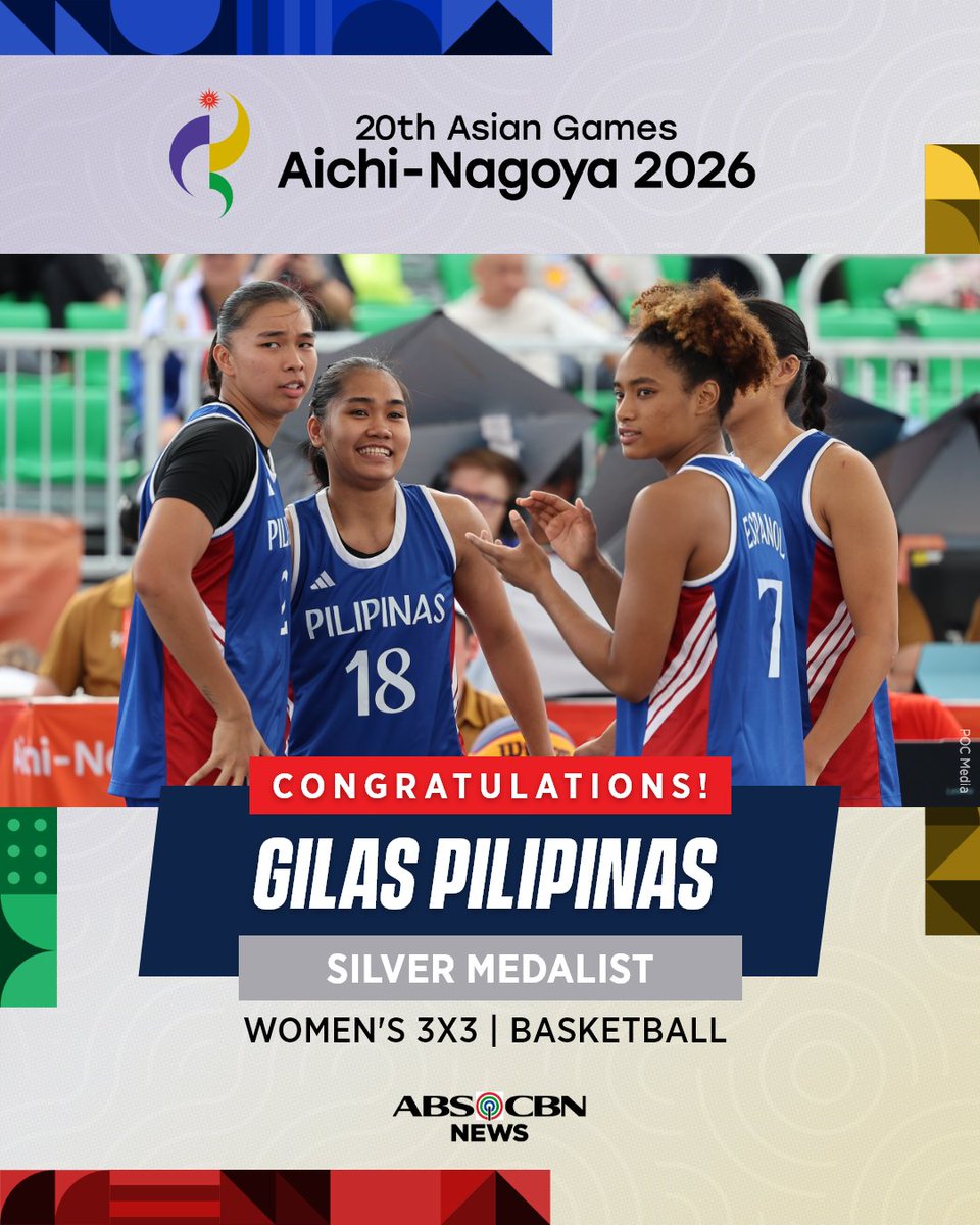 ABSCBNNews's tweet photo. SILVER FOR GILAS WOMEN 🥈

Gilas Pilipinas 3x3 Women capture silver, following a 11-21 loss to host Japan in the gold medal match. 

This marks the Philippines’ first-ever 3x3 basketball medal in the #AsianGames. #AichiNagoya2026 | via @PaigeJavier https://t.co/PxUzYsm0Y3