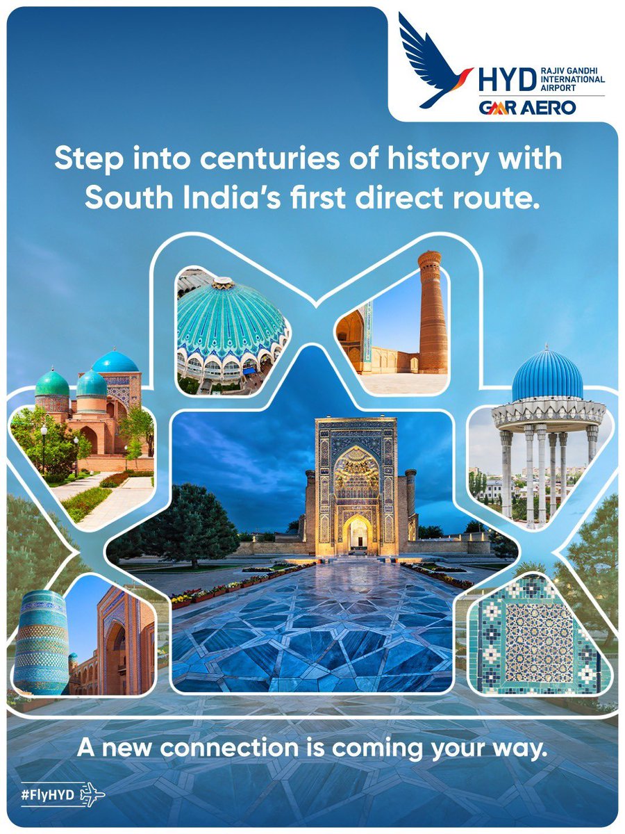 RGIAHyd's tweet photo. Step into a living museum of ancient heritage and breathtaking artistry. From majestic minarets to timeless courtyards, your next cultural getaway is just around the corner with our upcoming connection.

#HYDAirportBulletin #HyderabadAirport #FlyHYD #Uzbekistan #CentrumAir

@centrumAir @FTCCI @tourismgoi 
@AAI_Official @MoCA_GoI @RamMNK @CII4SR