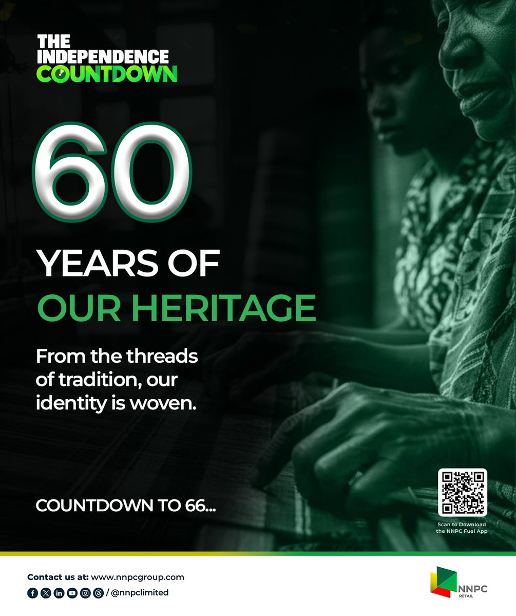 nnpclimited's tweet photo. From the threads of tradition, our identity is woven.

It is six days to Independence Day, and the countdown to 66 has commenced.

Download the NR Fuel App by scanning the QR code or visit https://t.co/Z7ovcj7Dwh today.

#NNPCNaija66 
#FuelTheFreedom 
#EnergyForToday 
#EnergyForTomorrow