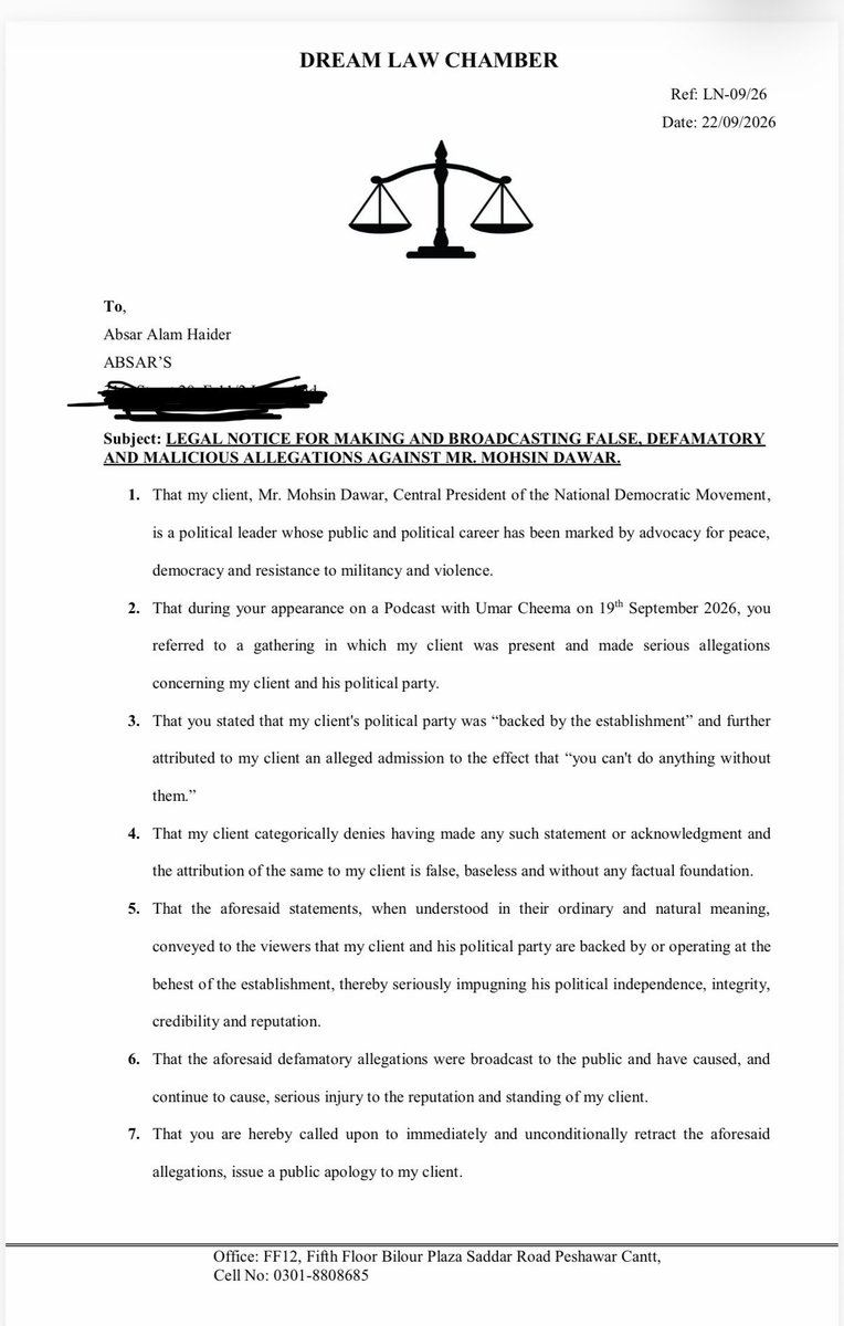 mjdawar's tweet photo. I have sent a legal notice to Absar Alam for his lies and propaganda against @NDM_Official and me. We will see him in court. https://t.co/0pM84rMi6k