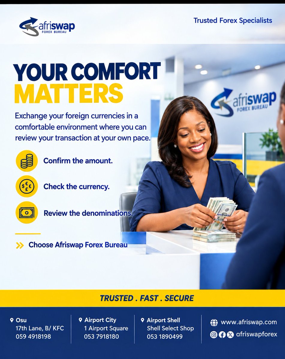 afriswapforex's tweet photo. Looking for a forex bureau in Accra where you can exchange foreign currency in a comfortable, professional environment? 
Whether you’re looking to exchange USD, EUR, GBP or other foreign currencies, visit Afriswap Forex Bureau today
#forexbureauinosu
#forexbureauatairport#USD https://t.co/cp4COTssa3