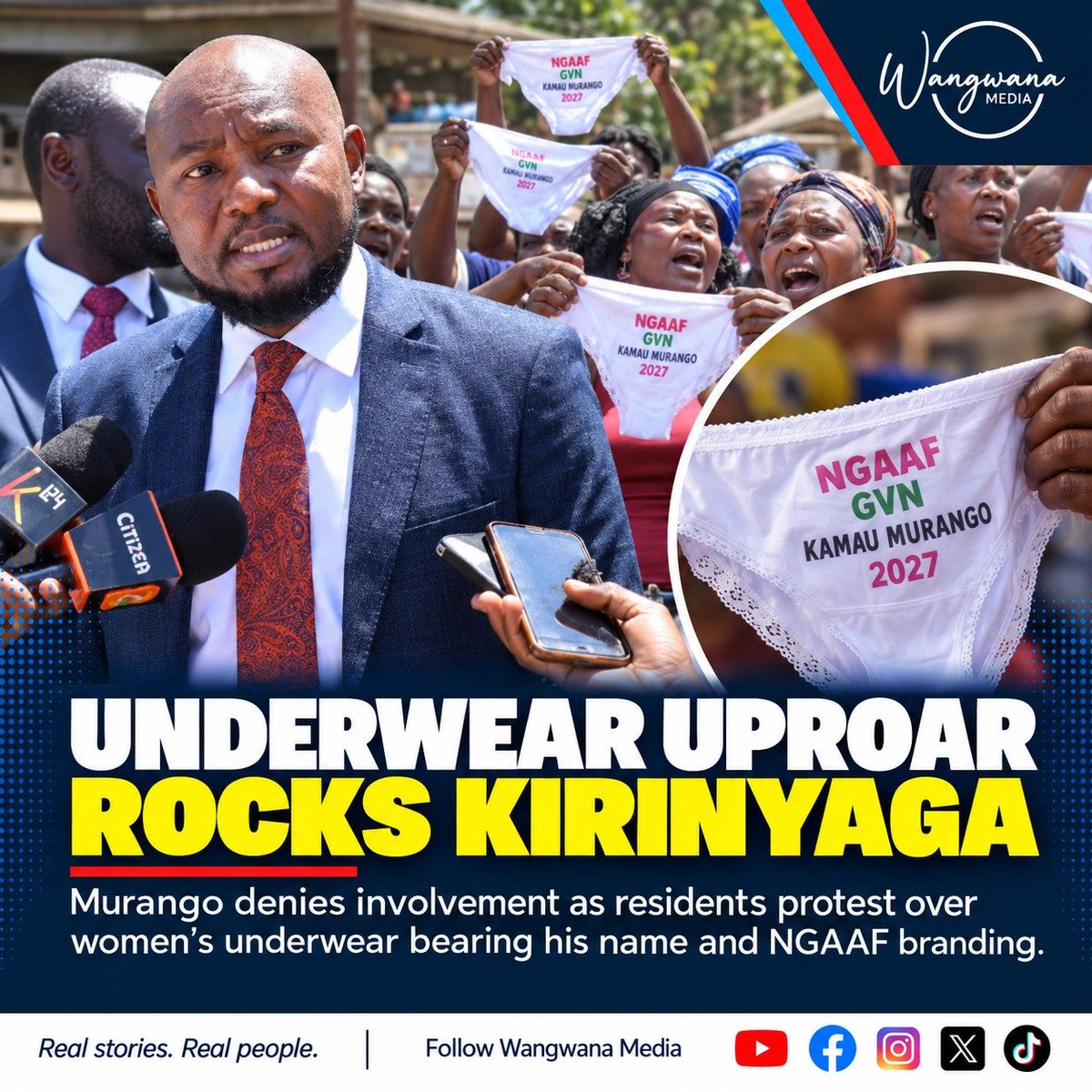WangwanaMedia's tweet photo. UNDERWEAR UPROAR ROCKS KIRINYAGA
A political controversy has erupted in Kirinyaga after residents displayed women's underwear bearing the words “NGAAF GVN KAMAU MURANGO 2027”, triggering protests and heated debate over the unusual merchandise. https://t.co/jVTHeA04pW