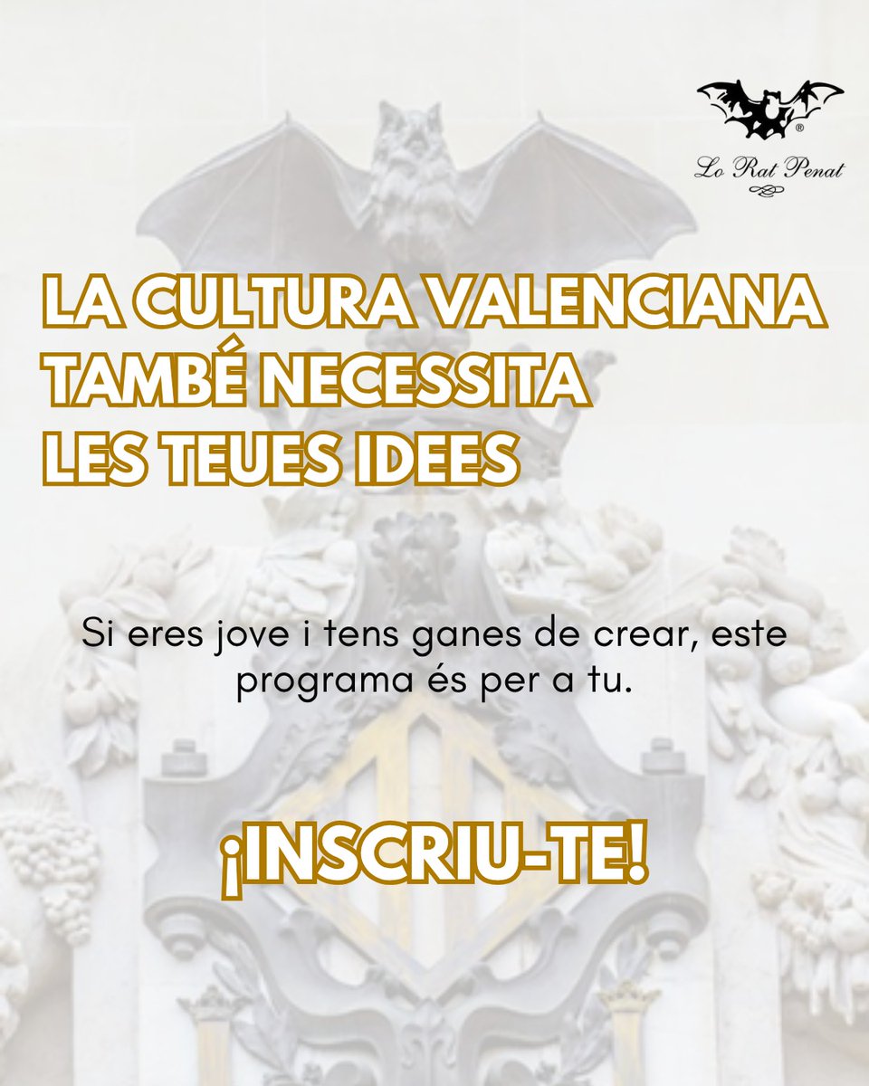 LoRatPenat_'s tweet photo. ¿Tens una idea per a la cultura valenciana? Fes-la realitat. 💡 Arriba Lo Rat Mamprén, un programa de formació i acompanyament per a jóvens i mamprenedors en ganes de transformar les seues idees en proyectes culturals.
En quatre sessions de 3 hores descobriràs oportunitats en el sector cultural valencià, donaràs forma a la teua proposta, deprendràs a planificar-la i prepararàs la seua presentació.
📅 Sessions: 16, 23 i 30 d’octubre i 6 de novembre
Si tens una idea i vols posar-la en marcha, este és el teu moment. Inscriu-te en Lo Rat Mamprén: formacio@loratpenat.org
https://t.co/3yrHCMKul6
#LoRatPenat #RACV #Valéncia #CulturaValenciana #llenguavalenciana