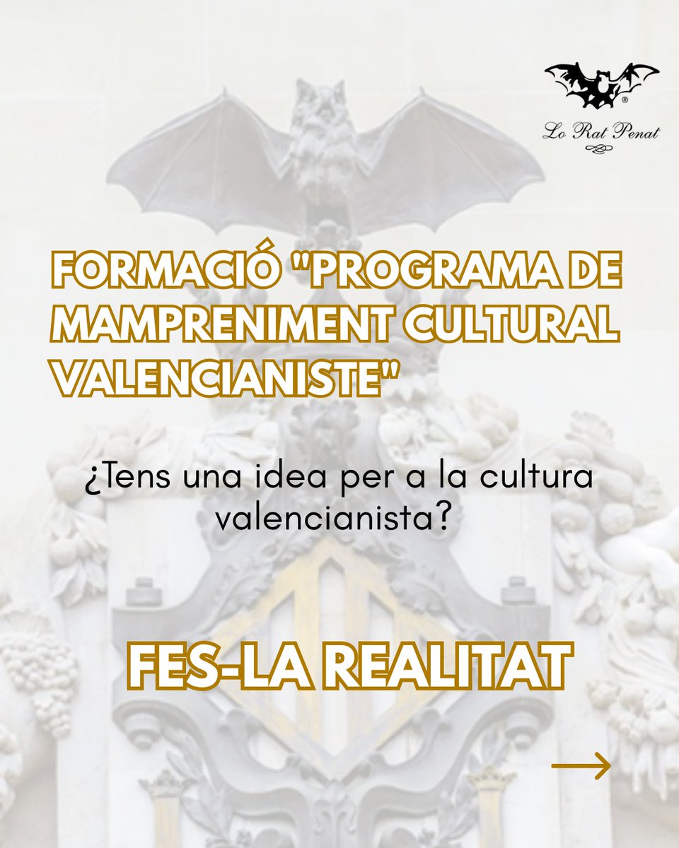 LoRatPenat_'s tweet photo. ¿Tens una idea per a la cultura valenciana? Fes-la realitat. 💡 Arriba Lo Rat Mamprén, un programa de formació i acompanyament per a jóvens i mamprenedors en ganes de transformar les seues idees en proyectes culturals.
En quatre sessions de 3 hores descobriràs oportunitats en el sector cultural valencià, donaràs forma a la teua proposta, deprendràs a planificar-la i prepararàs la seua presentació.
📅 Sessions: 16, 23 i 30 d’octubre i 6 de novembre
Si tens una idea i vols posar-la en marcha, este és el teu moment. Inscriu-te en Lo Rat Mamprén: formacio@loratpenat.org
https://t.co/3yrHCMKul6
#LoRatPenat #RACV #Valéncia #CulturaValenciana #llenguavalenciana