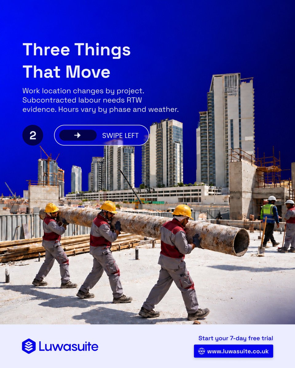 LuwasuiteUK's tweet photo. LuwaSuite was built for distributed workforces where the
evidence is generated away from the people accountable forit. Mobile capture, centralised records, one compliance viewacross every site.

 Book a Demo

#Construction #SponsorLicence #RightToWork
#SiteCompliance https://t.co/wrTvarNxj2