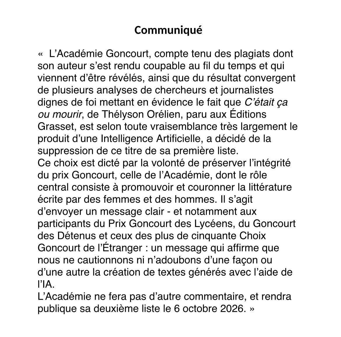 AcadGoncourt's tweet photo. Communiqué de l’Académie Goncourt https://t.co/u2ZSQkCeAe