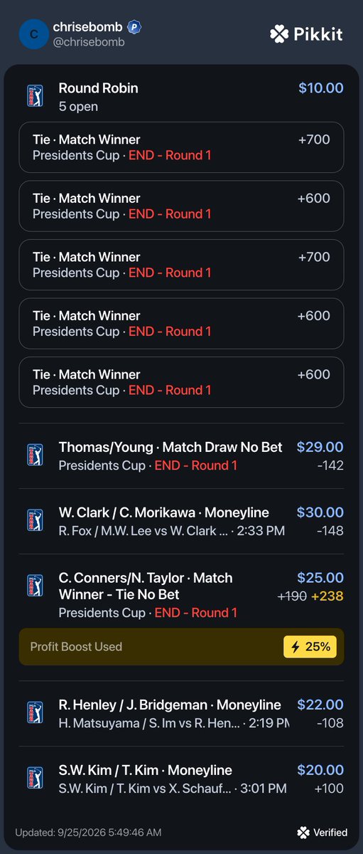 ChrisEbomb's tweet photo. Day 2 Presidents cup bets

Small profit yesterday, let’s keep it going https://t.co/k6Cj39uvO4