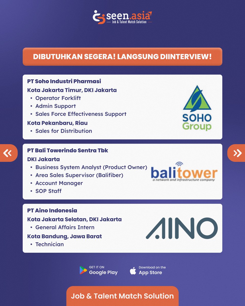 Seen_Asia's tweet photo. 📢INFO LOKER LANGSUNG INTERVIEW📢

Mau mendapatkan loker? Register di https://t.co/JTePpPWyO7!
✅ Langsung interview
✅ Dihubungkan ke loker yang sesuai
✅ Dicocokan ke banyak loker

🔗https://t.co/73GkwTkj8p

Yuk, REGISTER di https://t.co/JTePpPWyO7 sekarang!

1/3 https://t.co/q8ngZ0sW4F