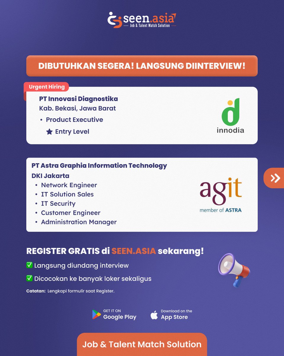 Seen_Asia's tweet photo. 📢INFO LOKER LANGSUNG INTERVIEW📢

Mau mendapatkan loker? Register di https://t.co/JTePpPWyO7!
✅ Langsung interview
✅ Dihubungkan ke loker yang sesuai
✅ Dicocokan ke banyak loker

🔗https://t.co/73GkwTkj8p

Yuk, REGISTER di https://t.co/JTePpPWyO7 sekarang!

1/3 https://t.co/q8ngZ0sW4F