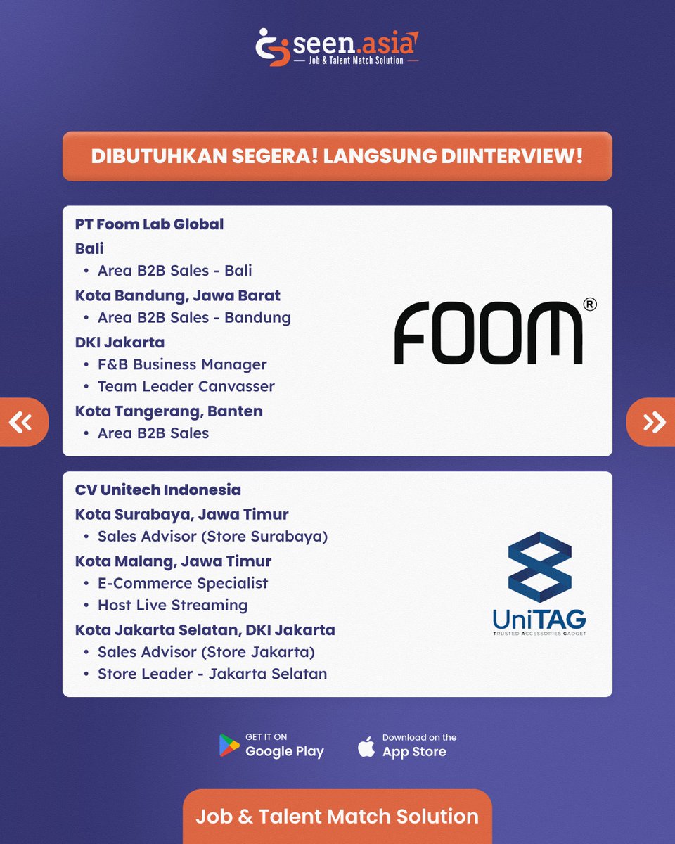 Seen_Asia's tweet photo. 📢INFO LOKER LANGSUNG INTERVIEW📢

Mau mendapatkan loker? Register di https://t.co/JTePpPWyO7!
✅ Langsung interview
✅ Dihubungkan ke loker yang sesuai
✅ Dicocokan ke banyak loker

🔗https://t.co/73GkwTkj8p

Yuk, REGISTER di https://t.co/JTePpPWyO7 sekarang!

1/3 https://t.co/q8ngZ0sW4F