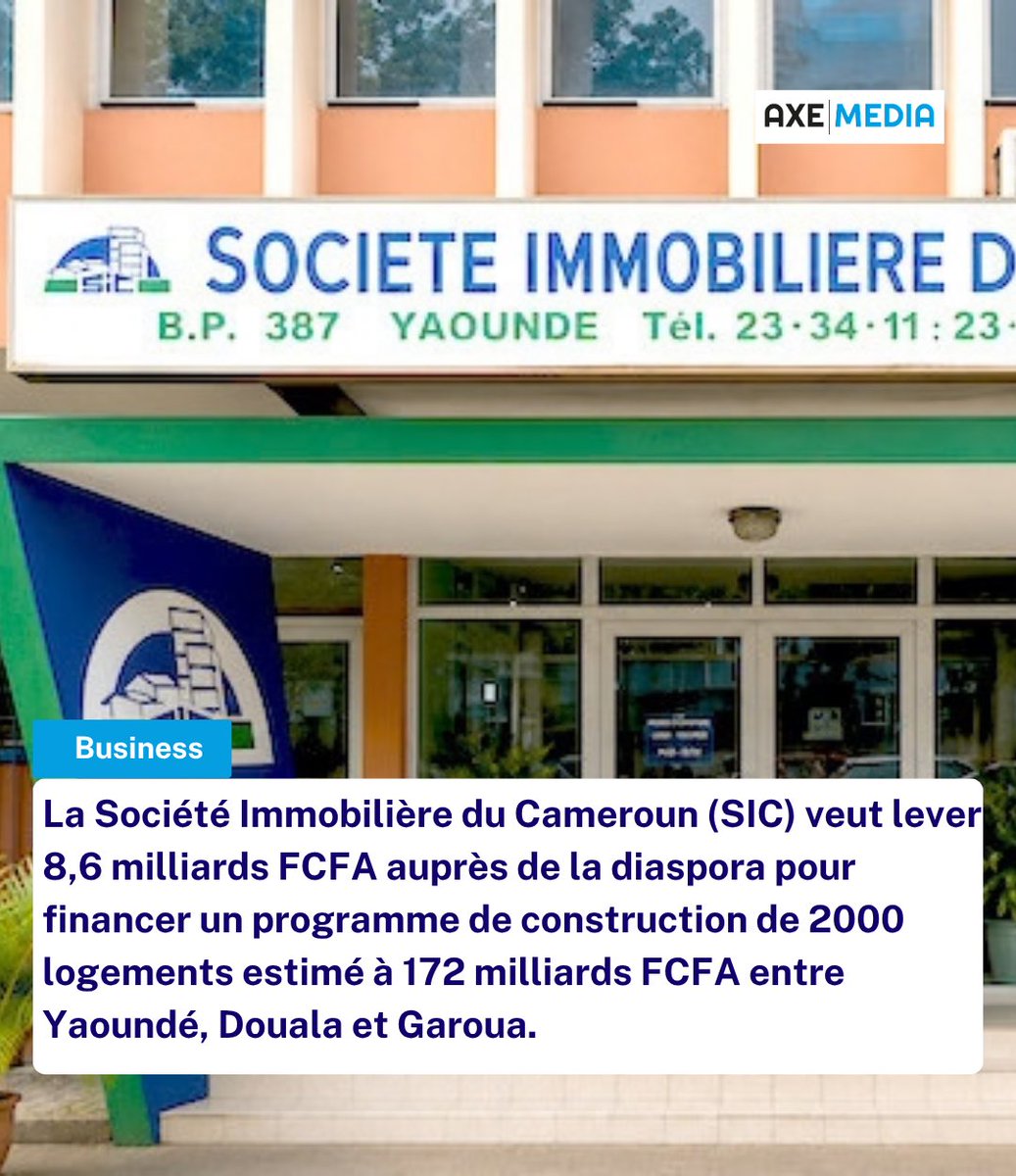 axemedia2023's tweet photo. 🇨🇲 La Société Immobilière du Cameroun veut lever 8,6 milliards FCFA auprès de la diaspora pour financer un programme de construction de 2000 logements entre Yaoundé, Douala et Garoua.

💰Cette levée permettra de financer 5% du coût du programme estimé à un total de 172 milliards FCFA.

📈 Cette levée se fera au travers de Diaspora Bonds, des obligations financières adressées aux camerounais expatriés afin de capter leur épargne.

Source : Africa Business+ ©️ DR