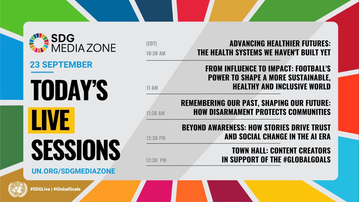 GlobalGoalsUN's tweet photo. It’s the final day of the #SDGLive!
Today: the future of health systems, football’s power to advance the #GlobalGoals, the human impact of nuclear weapons, how storytelling can broaden engagement with the #GlobalGoals audiences from awareness to action. 

https://t.co/VCwnqF7FvW https://t.co/PBTcM0UZ74
