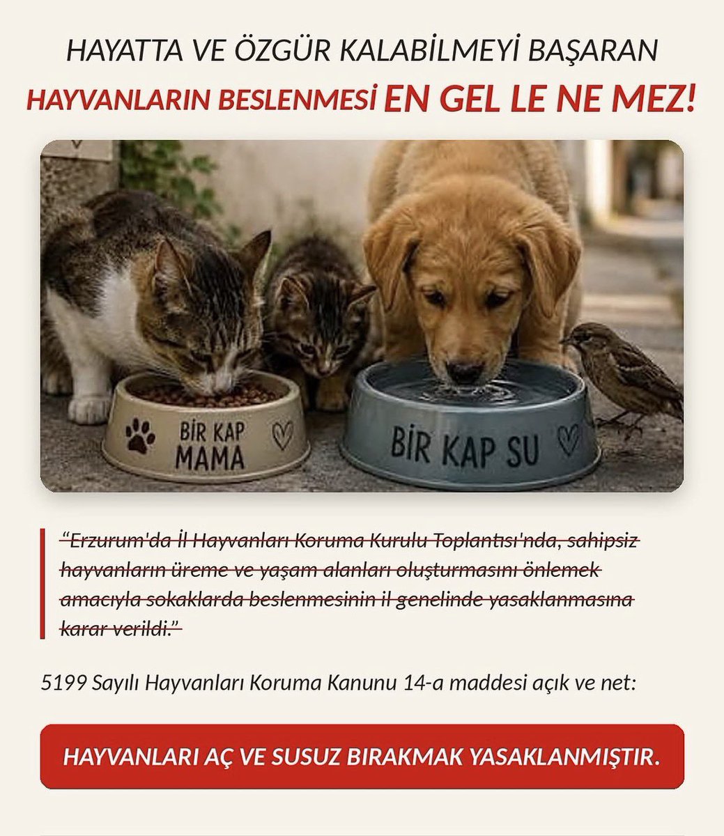 Srpulsy's tweet photo. Besleme YASAKLANAMAZ!
Hayvanları aç ve susuz bırakmak 5199 sayılı kanunu 14/a maddesi gereği kanunen yasaktır! 

Erzurum İl Hayvanları “Koruma” kurulunun aldığı “besleme yasağı”kararına itiraz ettiniz mi?
@erzurumbarosu 
@barolar 

#BeslemeYasaklanamaz https://t.co/LwMEQZkgjY