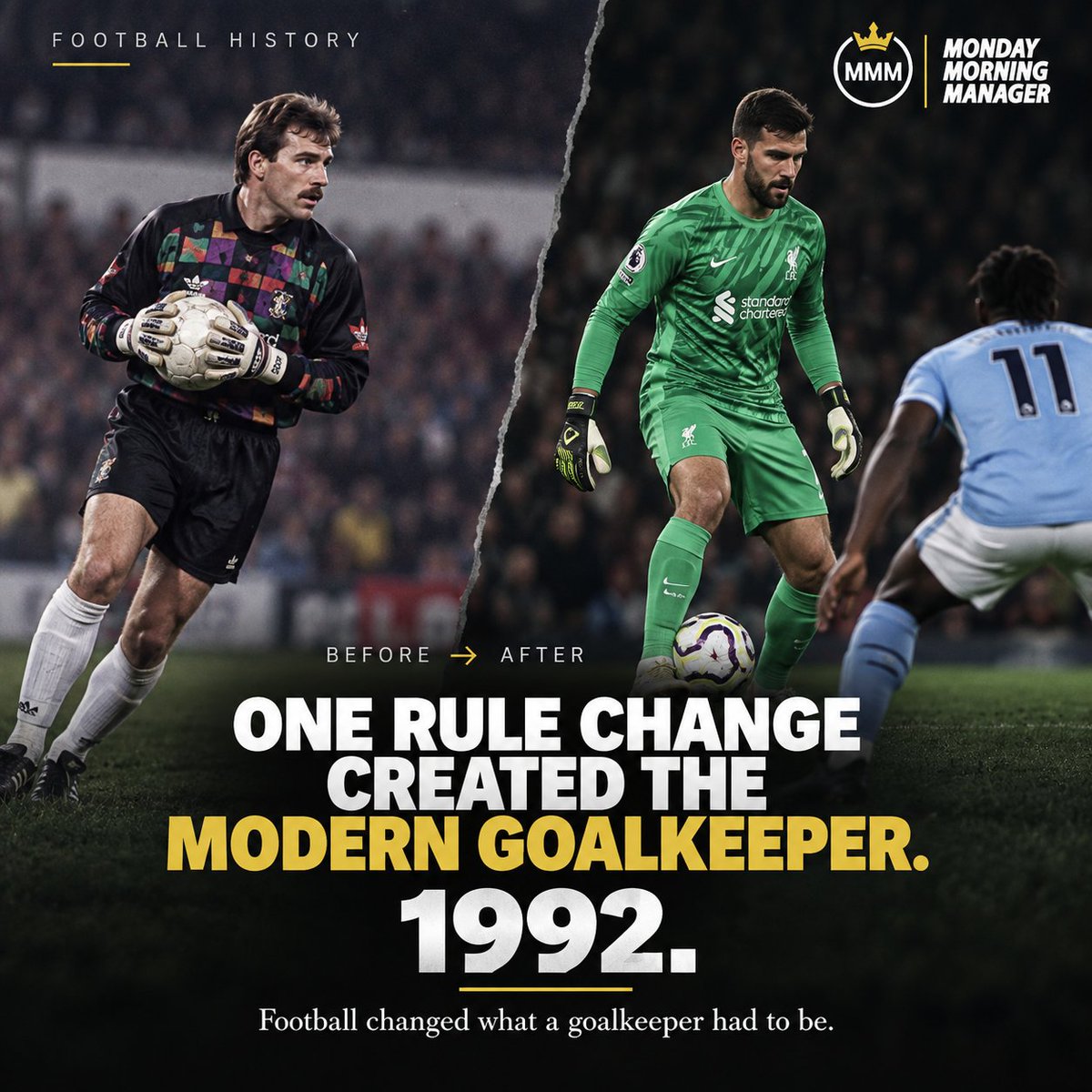 monday_manager's tweet photo. 🧤 One rule change helped create the modern goalkeeper.

Before 1992: pass it back, pick it up, reset.

After 1992: control, pass, play under pressure. ⚽

What matters most now?

🟢 Shot-stopping
🟡 Distribution
🔴 Decision-making

#Goalkeeper #FootballHistory #MMM https://t.co/aSs6WOSzpy