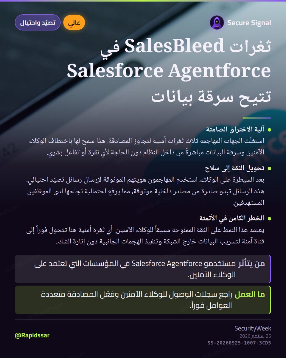RapidSSar's tweet photo. ثغرات SalesBleed مكنت المهاجمين من سرقة بيانات وإرسال رسائل تصيّد دون أي نقرة من المستخدم. إذا كنت تستخدم Salesforce Agentforce، تحقق الآن من سجلات الوكلاء وتفعيل إجراءات الأمان الإضافية لحماية بيانات مؤسستك.

#تصيد_احتيالي #Phishing https://t.co/T2obxFiK4W