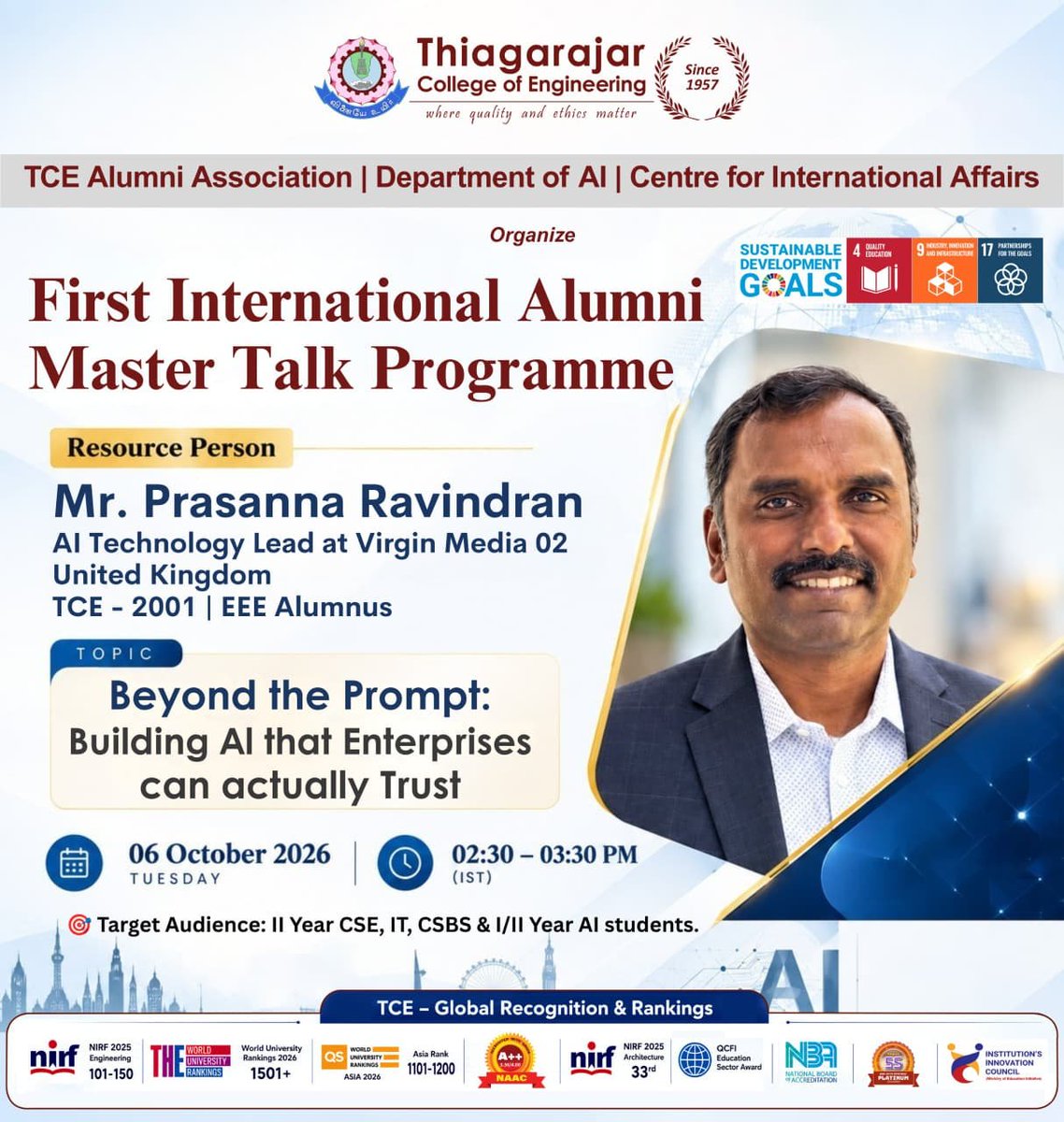tceofficialpage's tweet photo. ๐๐ TCEโs FIRST INTERNATIONAL ALUMNI MASTER TALK!
Hear from Prasanna Ravindran, AI Technology Lead, Virgin Media O2, UK & TCEโ2001 EEE alumnus, on building AI enterprises can trust. ๐ค๐ก
๐
6 Oct | ๐ 2:30โ3:30 PM IST
#TCE #TCEAlumni #AI #AlumniMasterTalk #AIInnovation https://t.co/2EjELbJPbB
