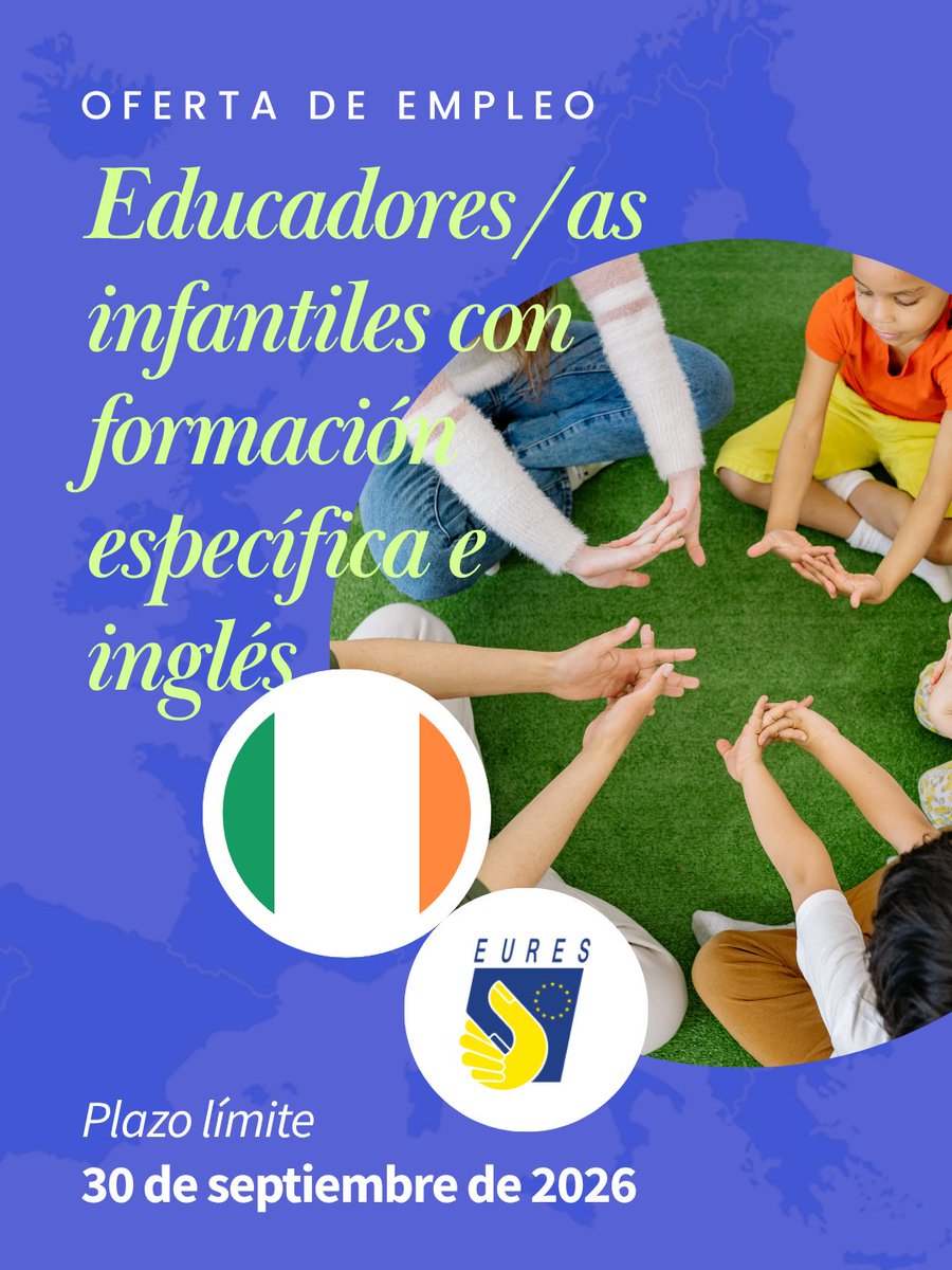 SAEmpleo's tweet photo. 🇮🇪👶 EURES busca educadores/as infantiles para Irlanda.
🎓 Titulación en Educación Infantil o Primaria
🗣️ Inglés B2
📄 Contrato indefinido
💶 14,15–17,25 €/hora
🏠 Ayuda con alojamiento
📅 Hasta el 30/09.
🔗 Más información https://t.co/peD1WYO9WJ
#EURES #SAE #Irlanda #Empleo https://t.co/LSe6EgwSX2