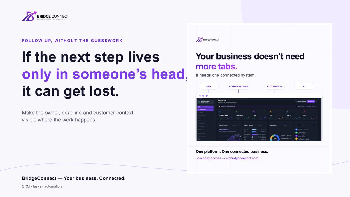 ctgbridgeconect's tweet photo. If the next step lives only in someone’s head, it can get lost.

Make the owner, deadline and customer context visible where the work happens.

That is what turns follow-up into a system.

BridgeConnect — Your business. Connected. https://t.co/14jIq752Bt