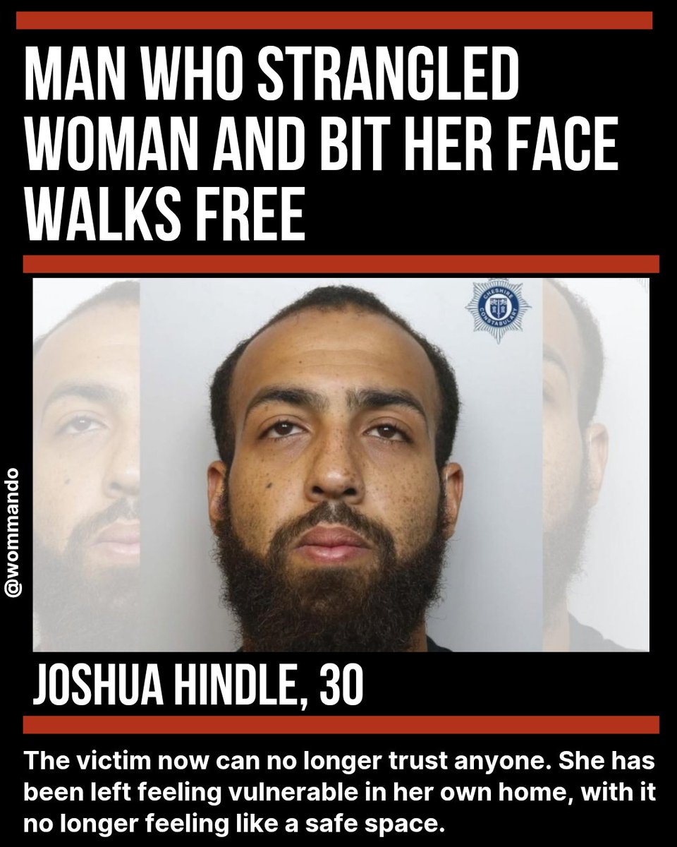 Wommando's tweet photo. ➡️If only he'd thrown a plastic bottle...

Joshua Hindle, 30, who brutally attacked and strangled a woman in her home inflicting cuts, bruises and bite marks on her face, has walked free.

The woman had asked Hindle to leave her property, he took her phone, smashed her phone against a wall and then attacked her.

Defence said had a "good work ethic and was low risk of reoffending".

In her victim impact statement, the woman said she can no longer trust anyone, feels vulnerable in her own home, and it no longer feels safe.

Recorder Kenderik Horne handed Hindle a 16-month prison sentence suspended for two years, 25 "rehab days" & just a 10 year restraining order.

🇬🇧 There's no justice in the UK.

Absolutely sickening.