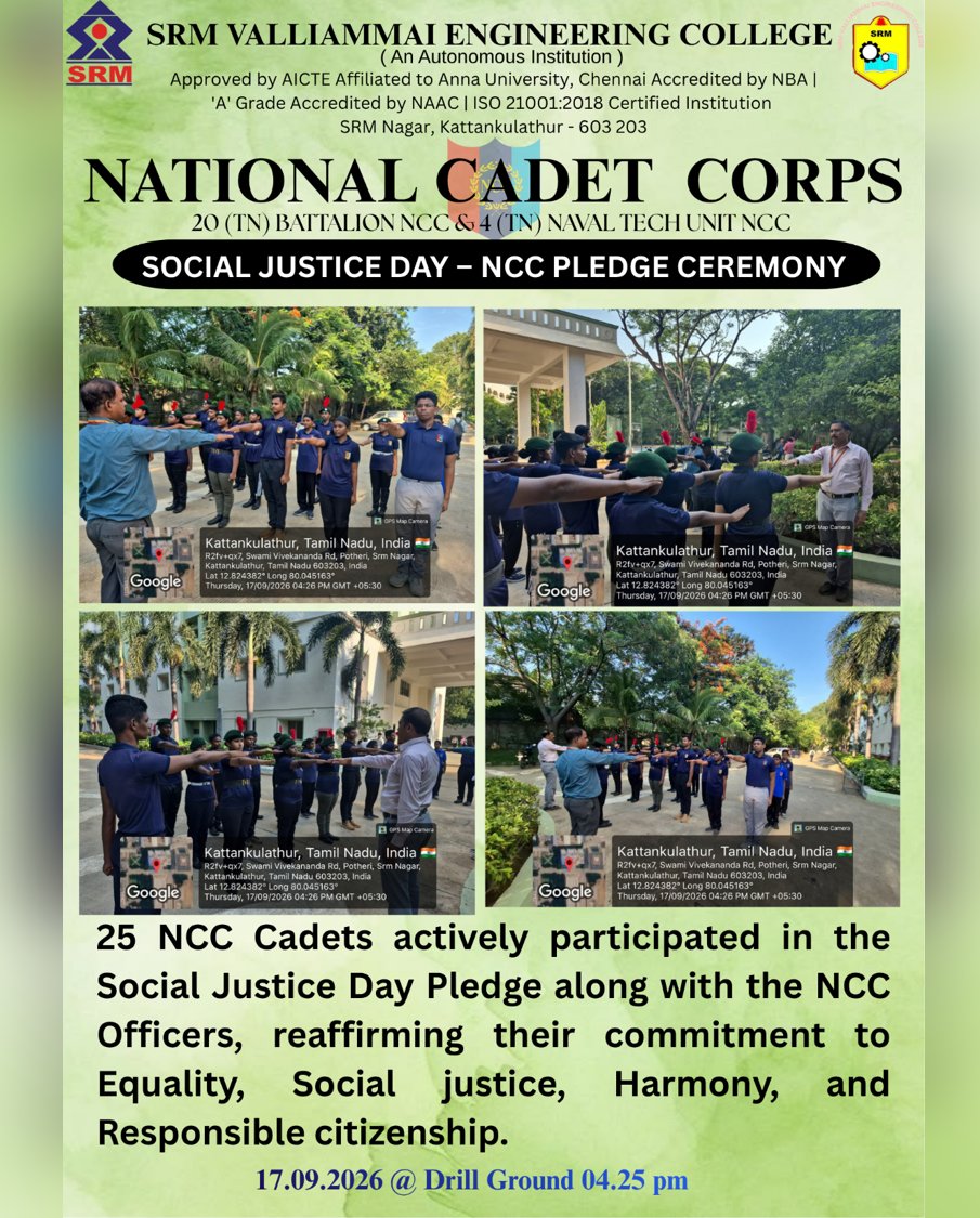 srmvecofficial's tweet photo. The NCC Unit of SRM VEC observed Social Justice Day by conducting an NCC Pledge Ceremony on 17 September 2026.
🤝 The ceremony reaffirmed the cadets’ commitment to equality, justice and social responsibility.
#SRMVEC #NCC #SocialJusticeDay #PledgeCeremony #SocialResponsibility https://t.co/NutpDyvJmy