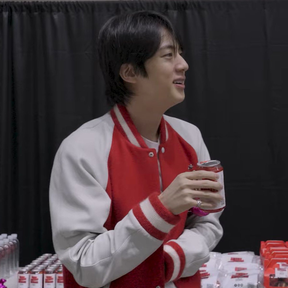 vjoonism's tweet photo. jin thinks he's got it all because his drink matches his clothes https://t.co/tLQnTkRqZG