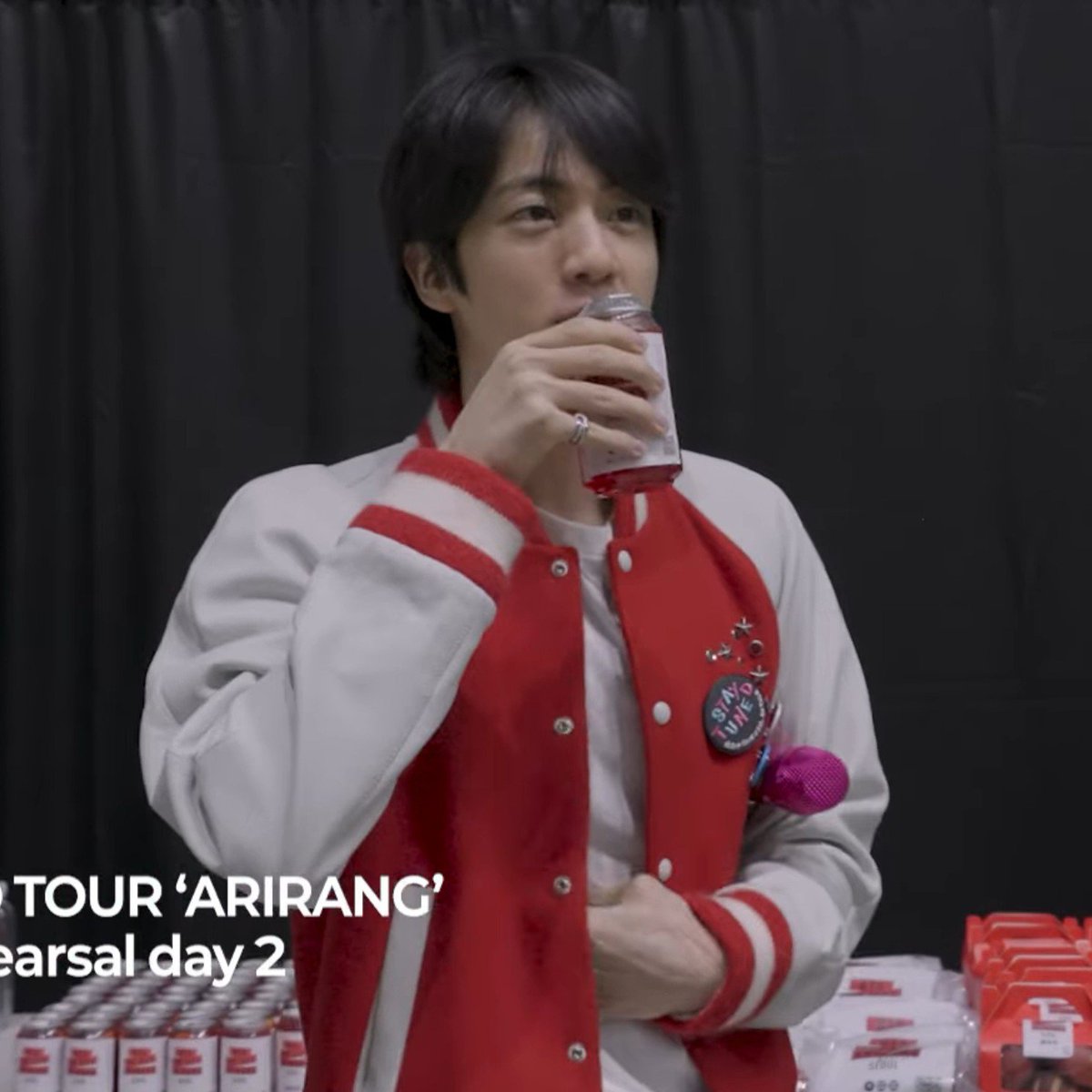 vjoonism's tweet photo. jin thinks he's got it all because his drink matches his clothes https://t.co/tLQnTkRqZG