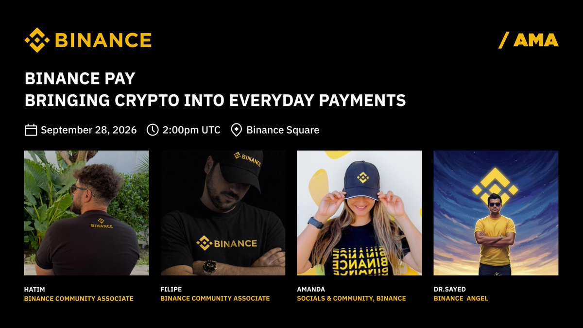 HatimBinance's tweet photo. 🚨 Join our Binance Square AMA : Binance Pay: Bringing Crypto Into Everyday Payments 

📅 Monday, September 28
⏰ 2:00 PM UTC
📍 https://t.co/Zamk5pWMZW

💡 Share your favorite real-world crypto payment use case in the comments for a chance to win 5 exclusive Binance swags! 🎁

From sending crypto to friends and family to paying participating merchants, join us as we explore how Binance Pay makes crypto more practical for everyday payments.

We’ll also discuss QR payments, supported cryptocurrencies, merchant payments, cross-border use cases, security, fees, and some of the features you may not know about.

Whether you're new to Binance Pay or already using it, come join the conversation and learn more about making crypto part of everyday life.
See you there! 💛