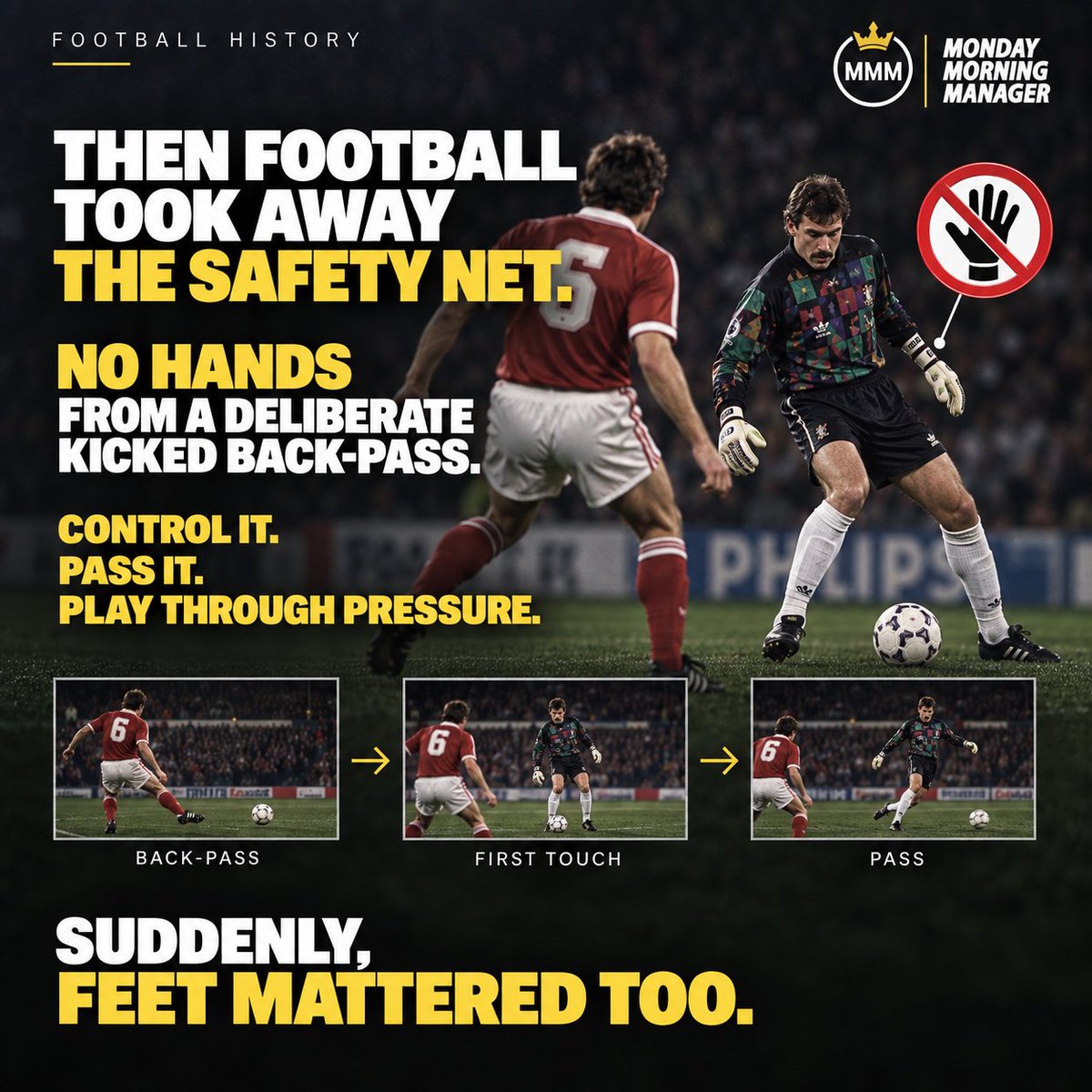 monday_manager's tweet photo. 🧤 One rule change helped create the modern goalkeeper.

Before 1992: pass it back, pick it up, reset.

After 1992: control, pass, play under pressure. ⚽

What matters most now?

🟢 Shot-stopping
🟡 Distribution
🔴 Decision-making

#Goalkeeper #FootballHistory #MMM https://t.co/aSs6WOSzpy